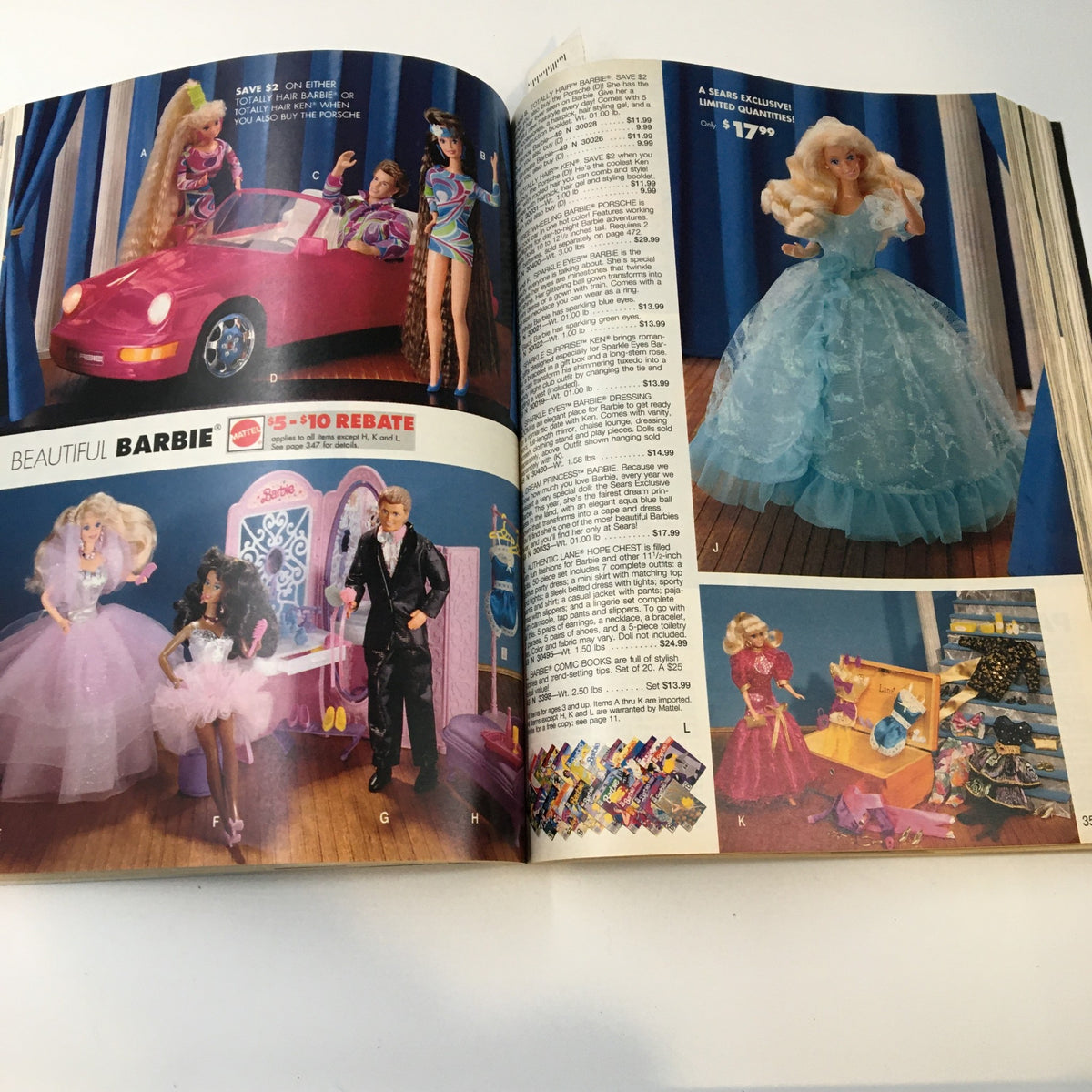 1992 Sears The Great American Wish Book Catalog page showcasing Barbie dolls, fashion accessories, and playsets with vibrant colors, highlighting special offers and product details.