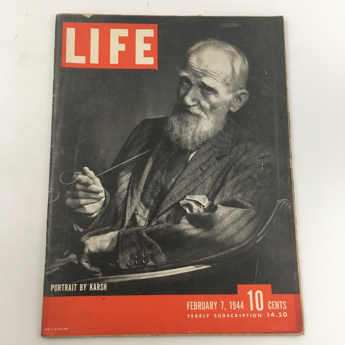 Cover of Life Magazine, February 7, 1944, featuring a portrait by Karsh of George Bernard Shaw, showcasing the iconic playwright in a classic vintage style.