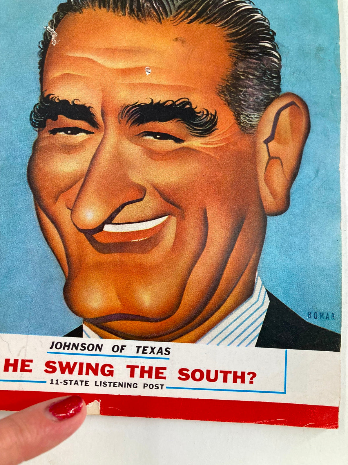 Cover image of VTG Newsweek Magazine August 15 1960 featuring a caricature of Lyndon B. Johnson with the caption 'Can He Swing The South?' highlighting political themes of the era.