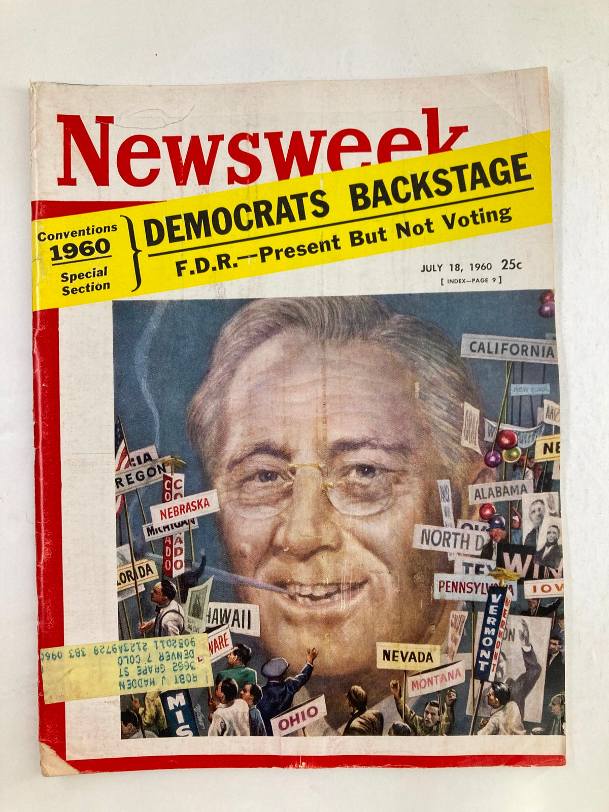 Vintage Newsweek magazine cover from July 18, 1960, featuring Franklin D. Roosevelt with political event artwork and headlines about the Democrats backstage.