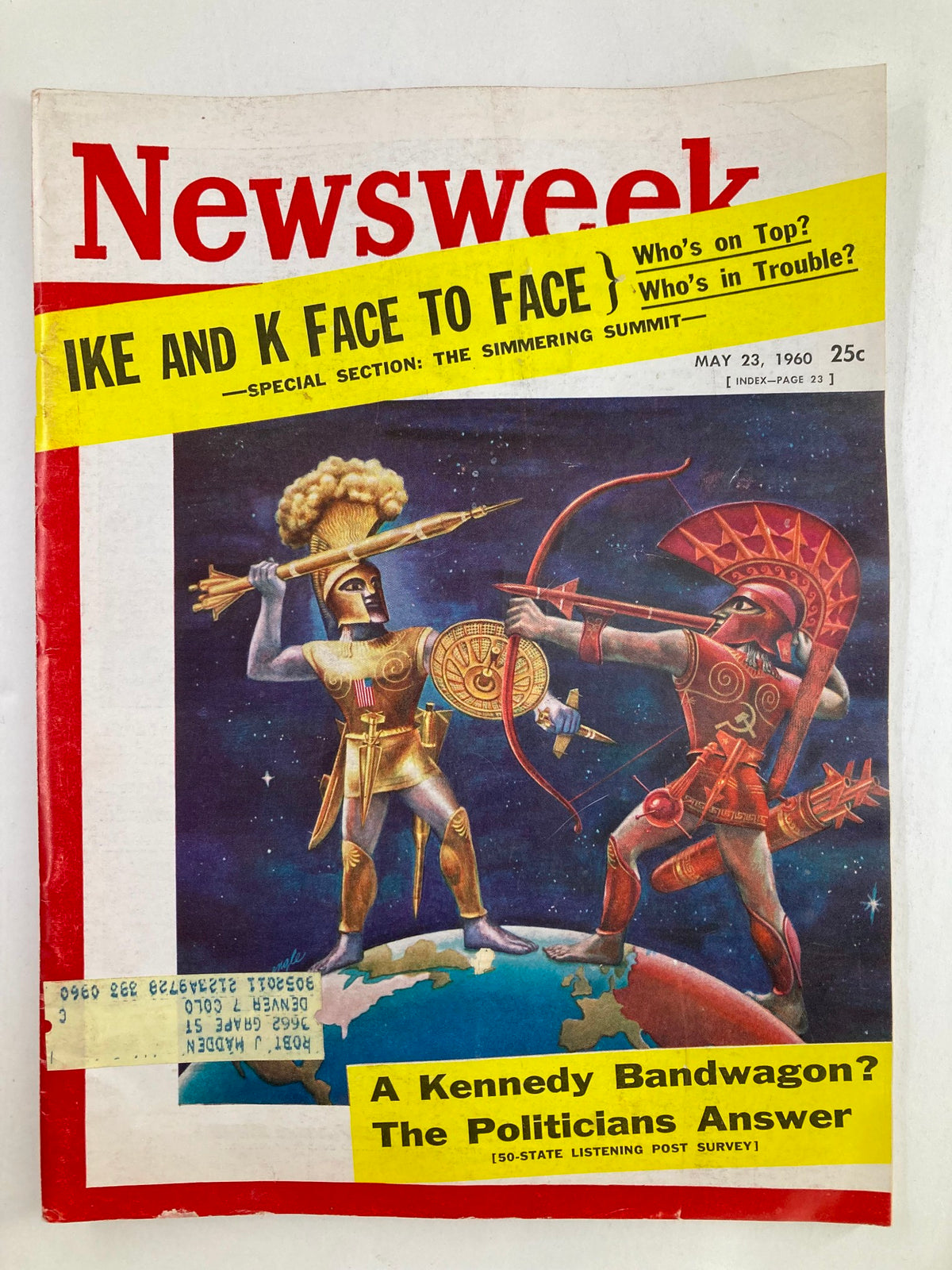 VTG Newsweek Magazine May 23 1960 cover featuring a political illustration titled 'A Kennedy Bandwagon: The Politicians Answer' with images depicting political figures, capturing the essence of the 1960s presidential campaign.