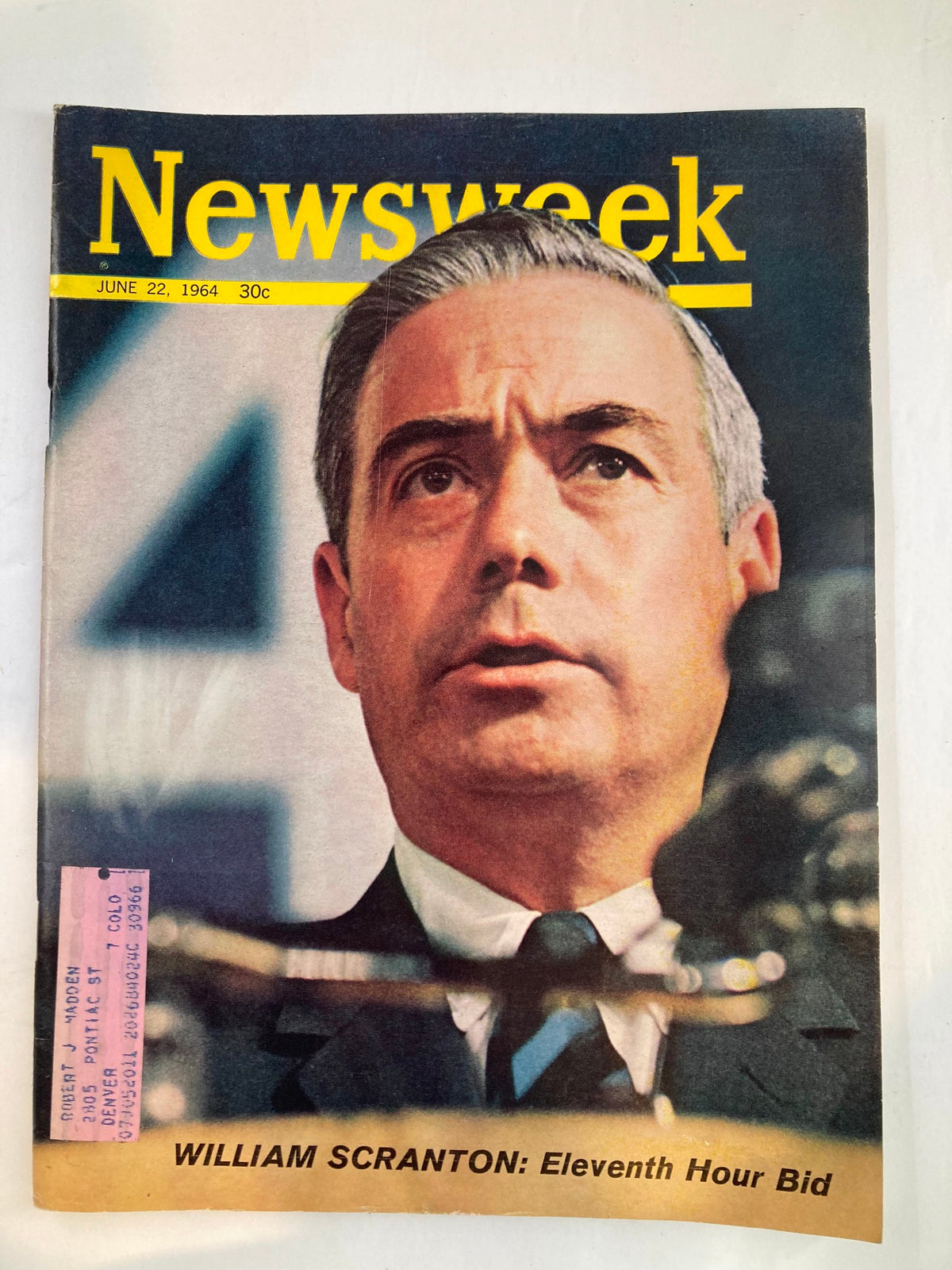 Cover of Newsweek Magazine from June 22, 1964, featuring William Scranton and the headline 'Eleventh Hour Bid', capturing a pivotal moment in American political history.