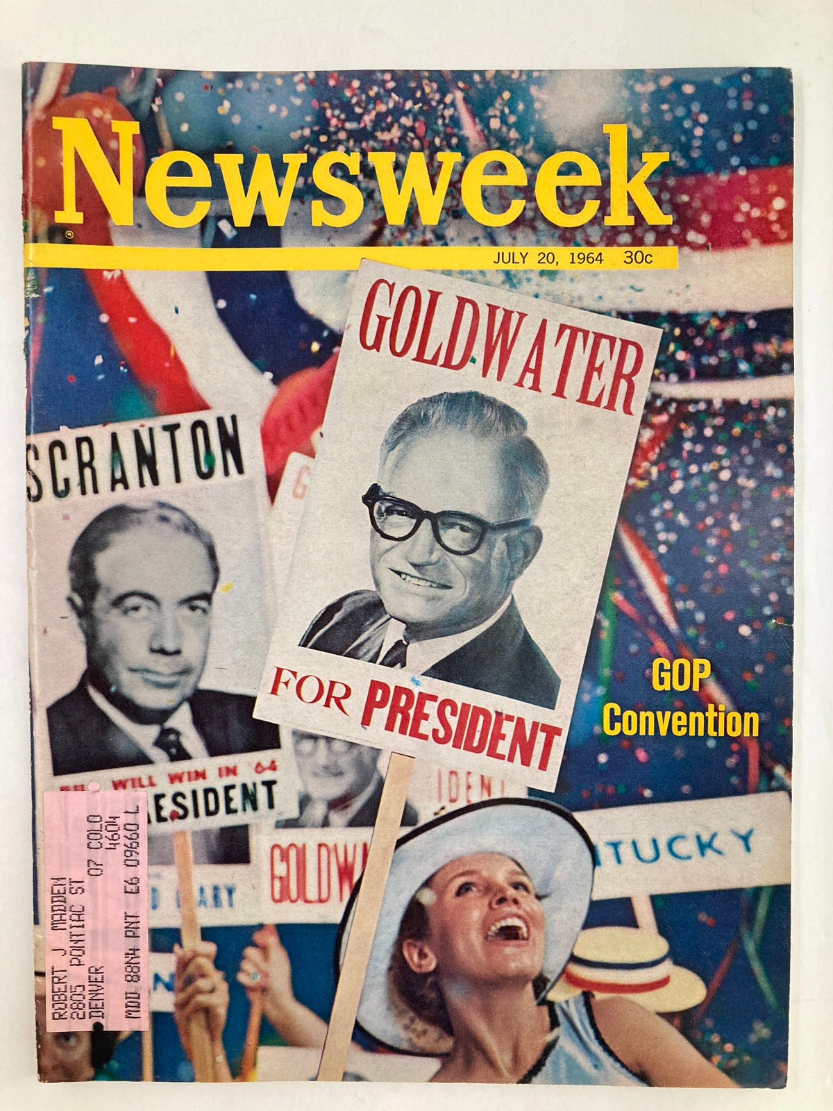 Vintage Newsweek Magazine from July 20, 1964, featuring Barry Goldwater and William Scranton on the cover, depicting signs for the GOP convention with festive colors.