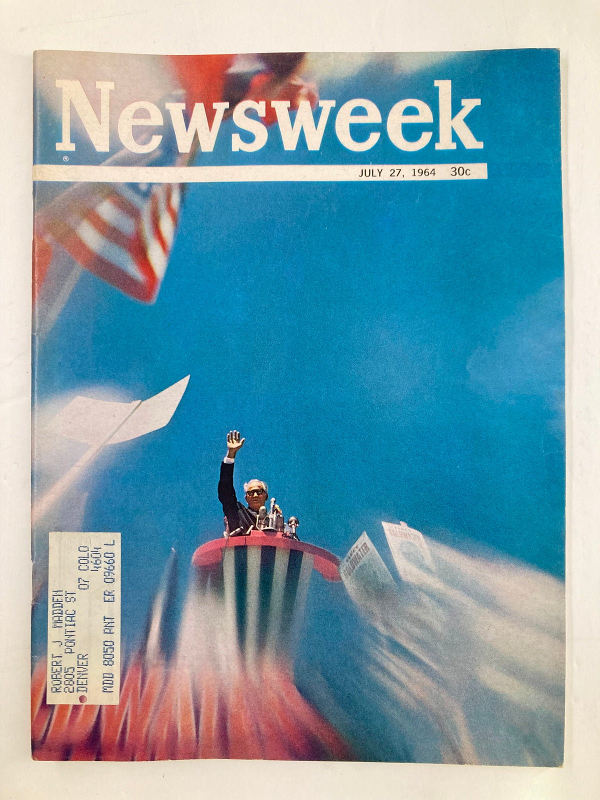 Cover of VTG Newsweek Magazine dated July 27, 1964, featuring Barry Goldwater's presidential campaign, showcasing vibrant colors and patriotic themes.