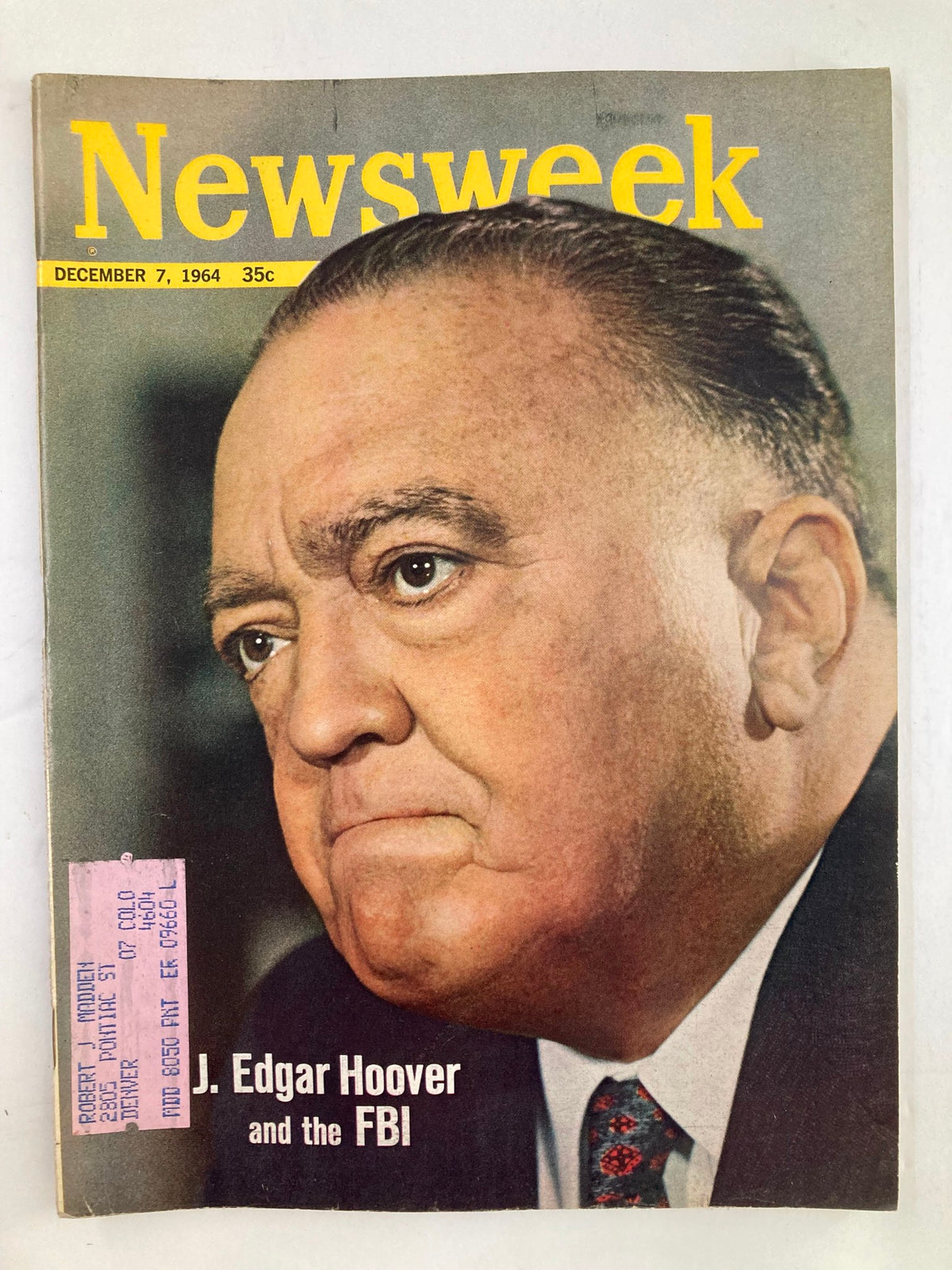 Cover of the VTG Newsweek Magazine from December 7, 1964 featuring J. Edgar Hoover and the FBI, showcasing Hoover's portrait and magazine title in bold yellow text.
