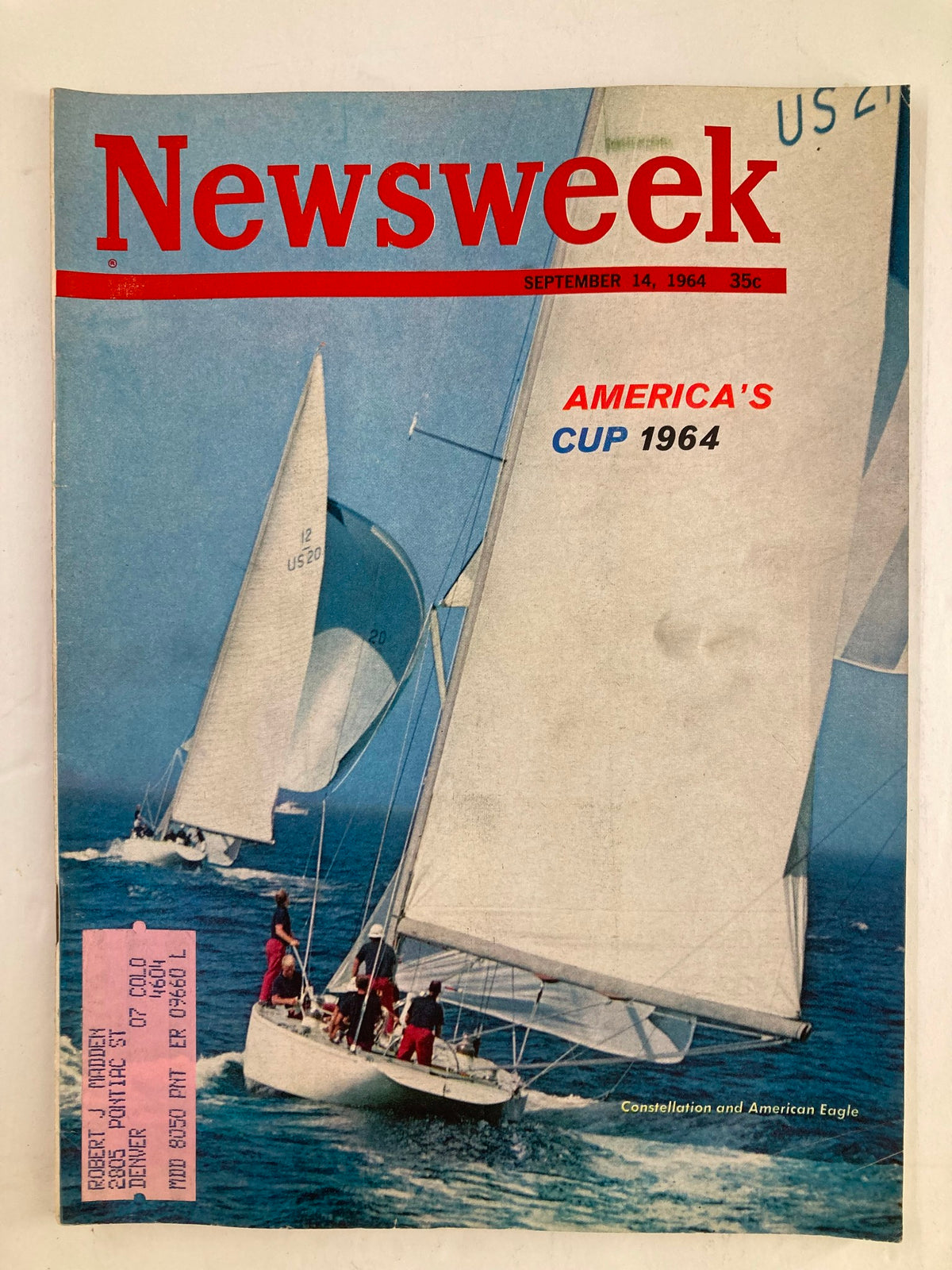 Cover of VTG Newsweek Magazine dated September 14, 1964, featuring a dramatic sailing scene related to America's Cup 1964, highlighting the Constellation and American Eagle.