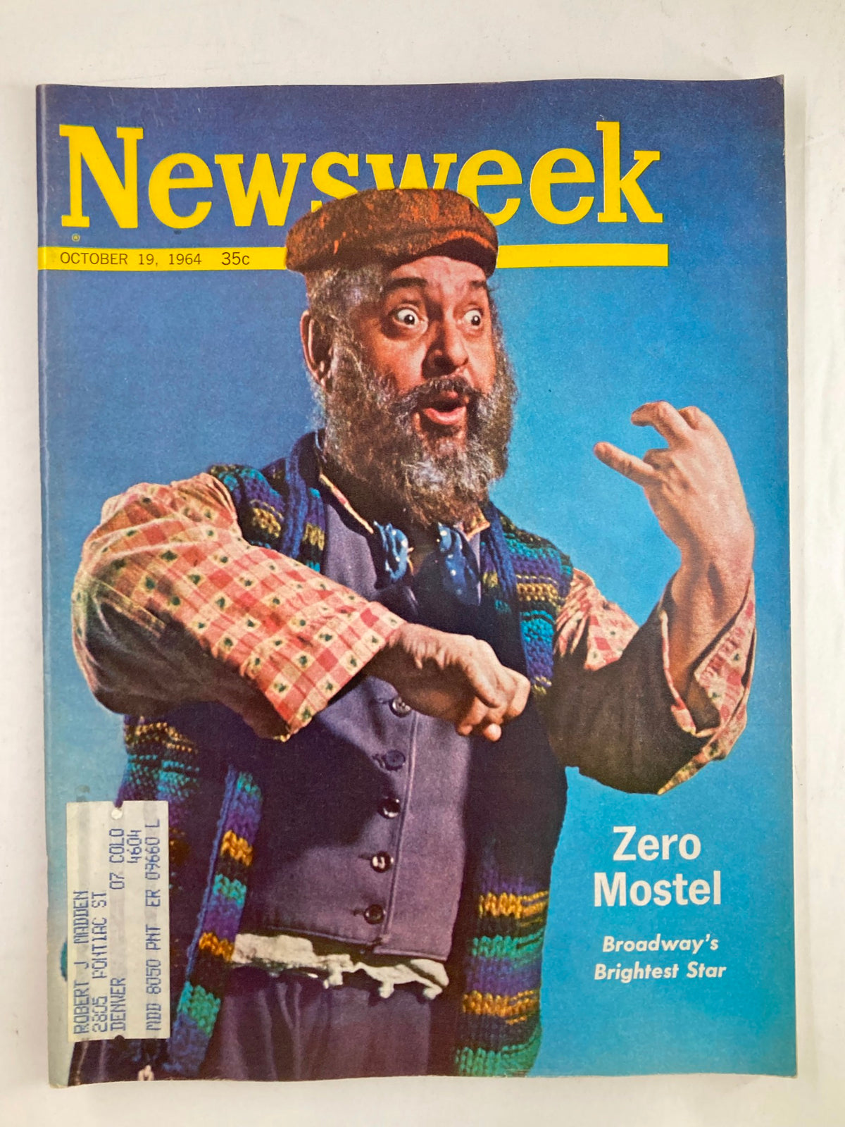 VTG Newsweek Magazine from October 19, 1964 featuring Zero Mostel, Broadway's Brightest Star, showcasing his expressive performance on the cover.