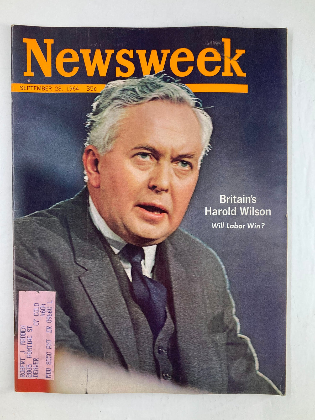 Vintage Newsweek Magazine from September 28, 1964 featuring a cover story on Britain's Harold Wilson with the question 'Will Labor Win?'. The magazine displays the date and price prominently, showcasing classic mid-1960s design elements.