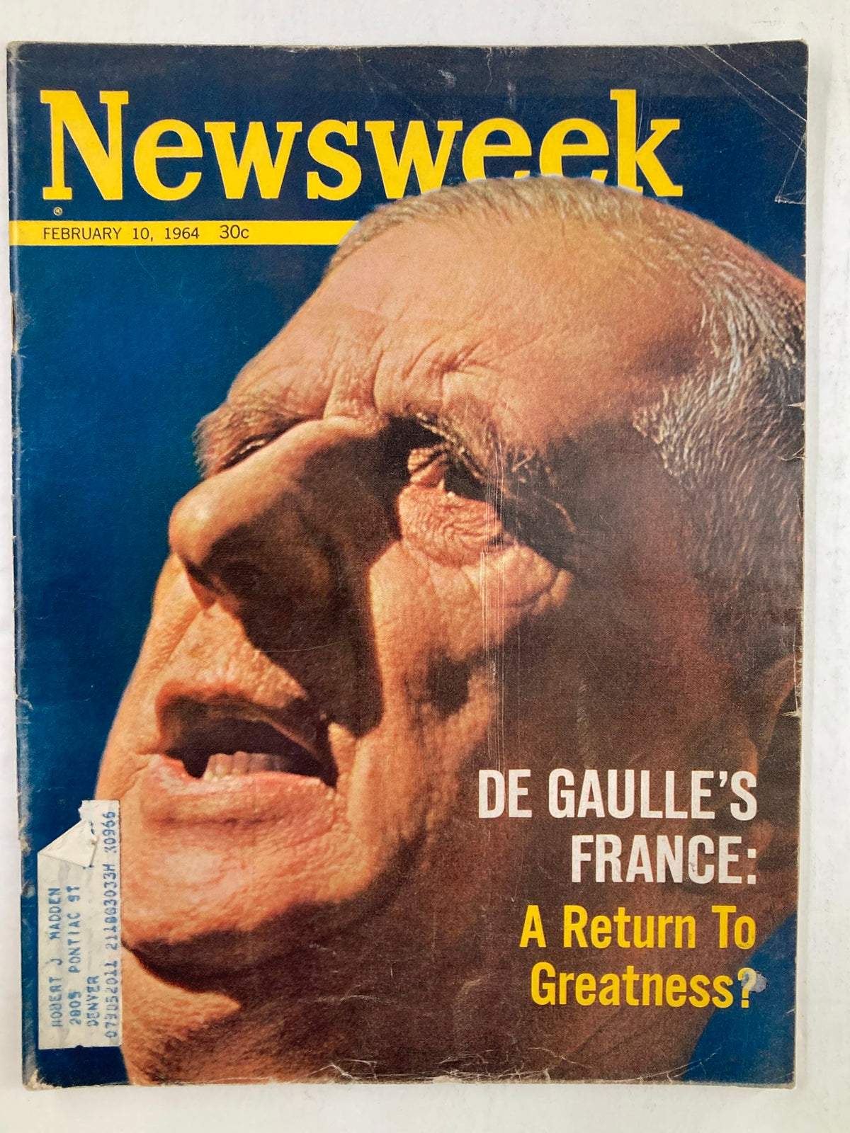 Vintage Newsweek Magazine cover from February 10, 1964, featuring a close-up of Charles de Gaulle with the headline 'De Gaulle's France: A Return to Greatness?' highlighting the political context of the era.