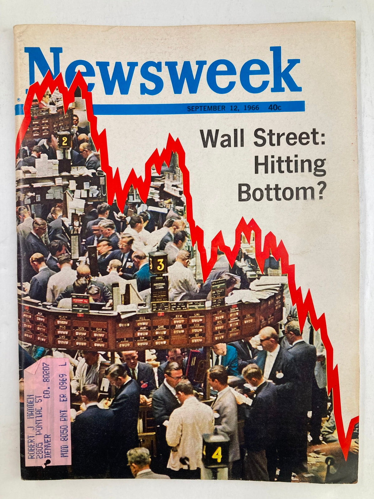 Cover of Vintage Newsweek Magazine from September 12, 1966, featuring the title 'Wall Street: Hitting Bottom?' and a dramatic image of stock market traders with a red downward trend line.