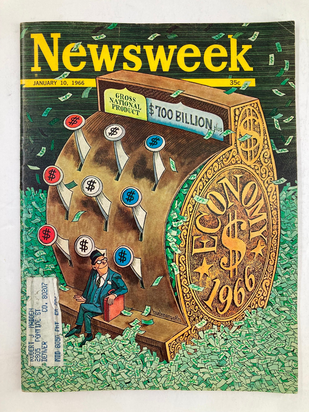 Cover of VTG Newsweek Magazine January 10 1966 featuring a colorful illustration depicting the Gross National Product, with the figure of a businessman surrounded by money and economic symbols.