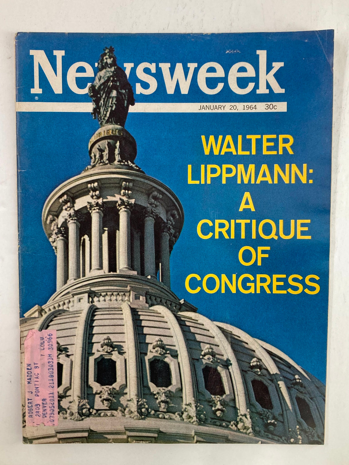 VTG Newsweek Magazine January 20, 1964 featuring Walter Lippmann's article 'A Critique of Congress' with the U.S. Capitol dome on the cover.