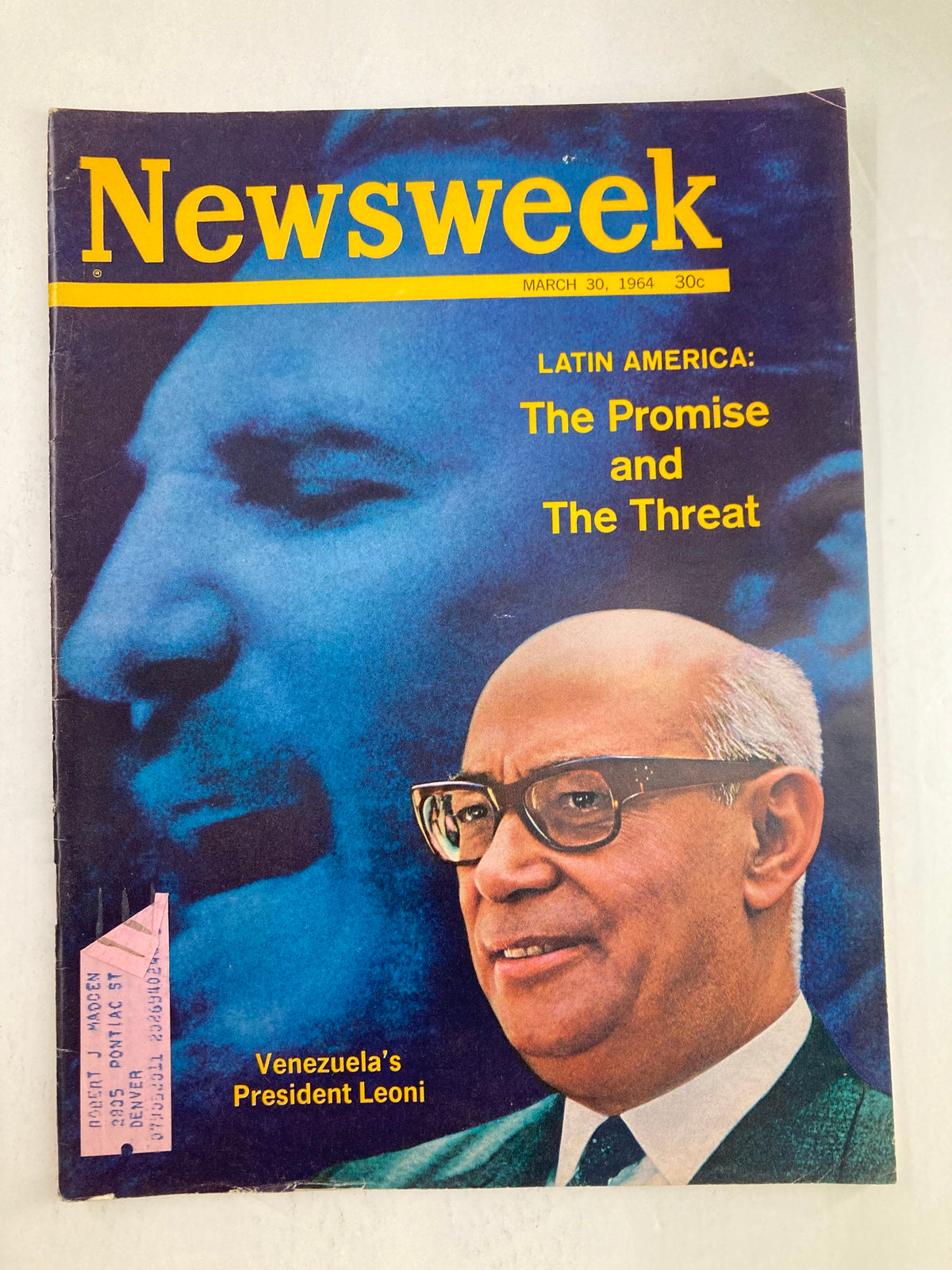 Vintage Newsweek Magazine cover from March 30, 1964 featuring Venezuela's President Raúl Leoni, highlighting Latin America's political landscape.