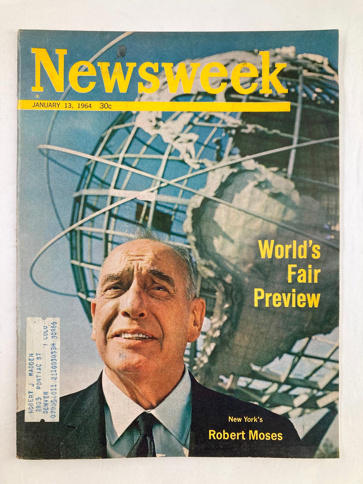 Cover of VTG Newsweek Magazine January 13 1964 featuring Robert Moses and previewing the World's Fair, showcasing a globe and the text 'World's Fair Preview' prominently.
