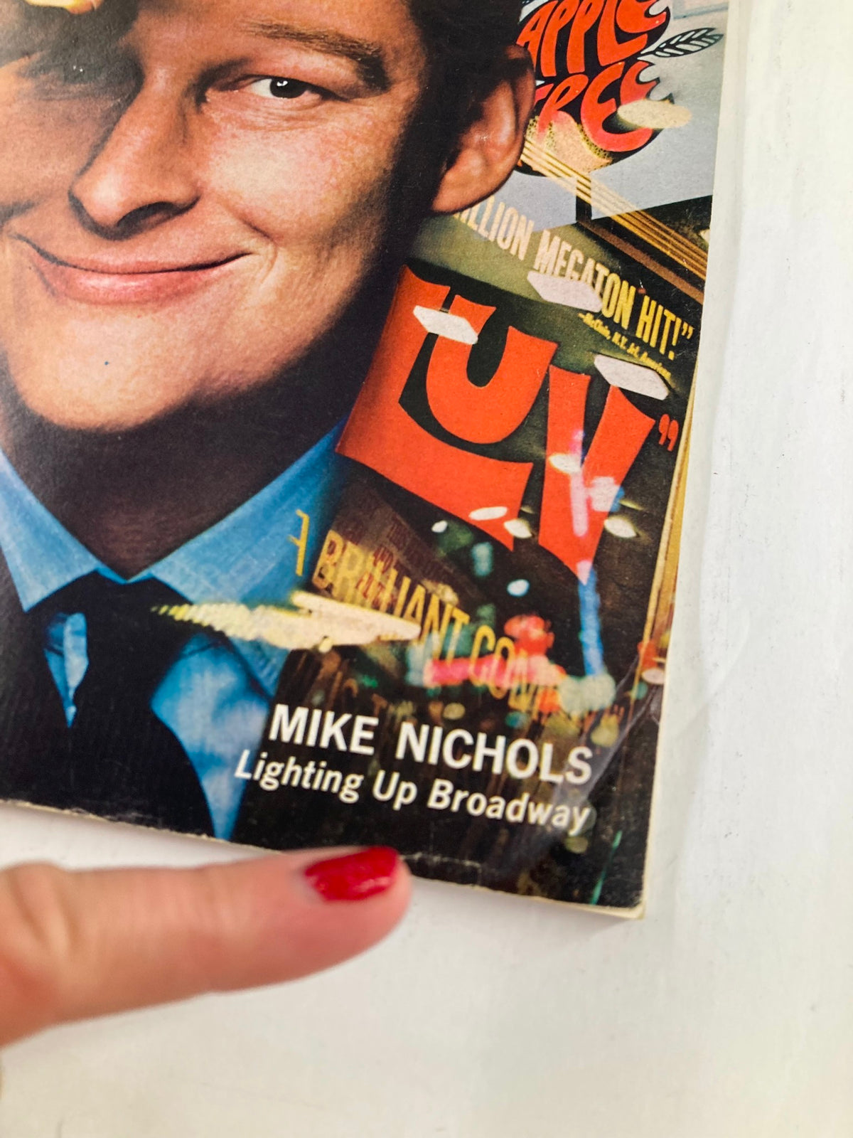 Close-up of VTG Newsweek Magazine from November 14, 1966 showcasing Mike Nichols with the title 'Lighting Up Broadway' highlighted, surrounded by Broadway show advertisements.