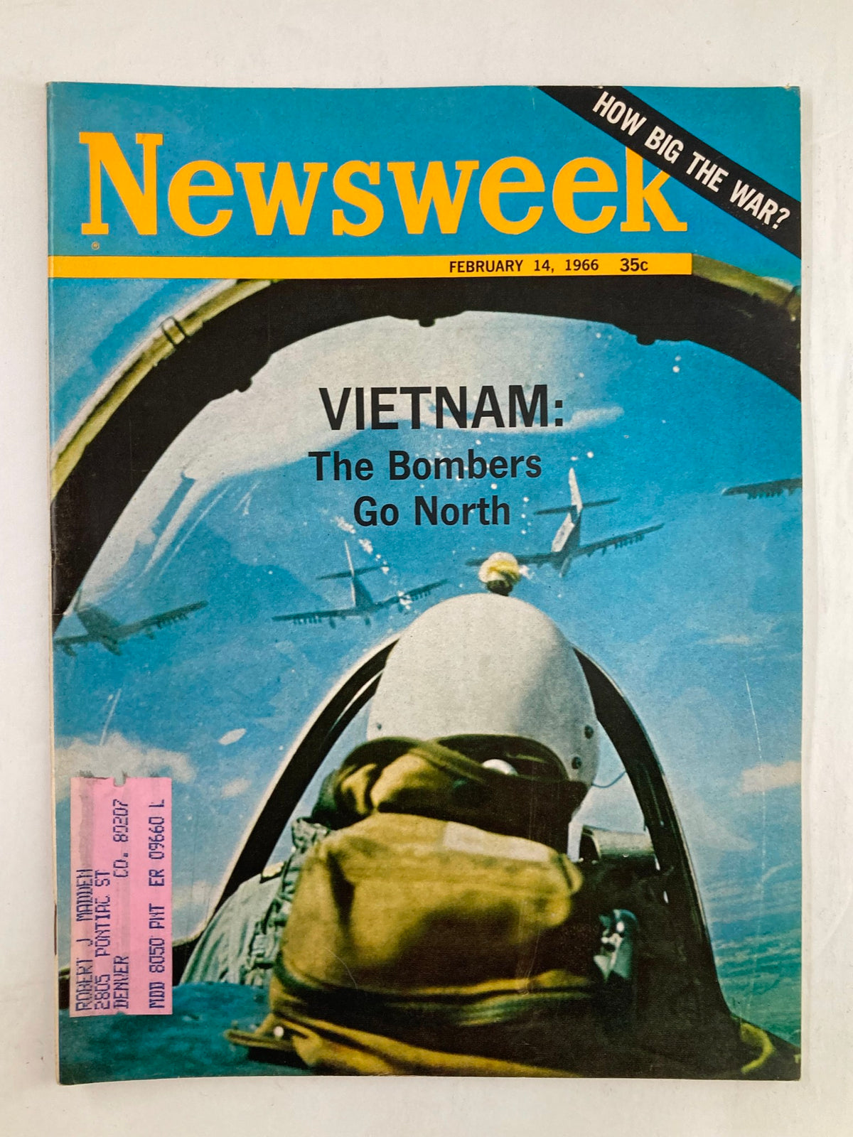 Cover of the VTG Newsweek Magazine dated February 14, 1966, titled 'Vietnam: The Bombers Go North.' The image shows a cockpit scene with an aviator's helmet, set against a blue sky filled with aircraft in action, reflecting the historical context of the Vietnam War.