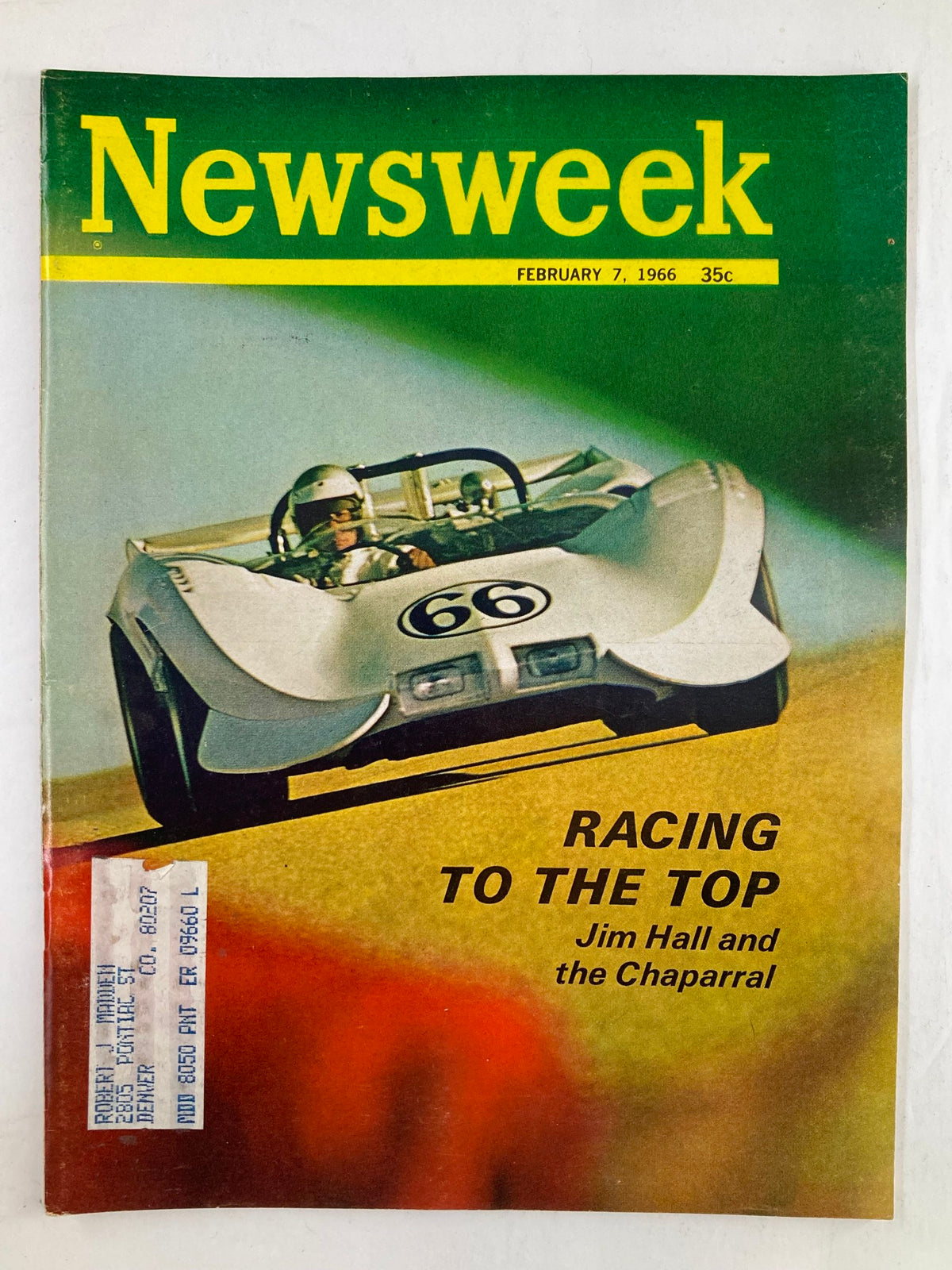 Vintage Newsweek Magazine Cover featuring Jim Hall and the Chaparral, dated February 7, 1966, showcasing a striking race car design with the title 'Racing to the Top'.