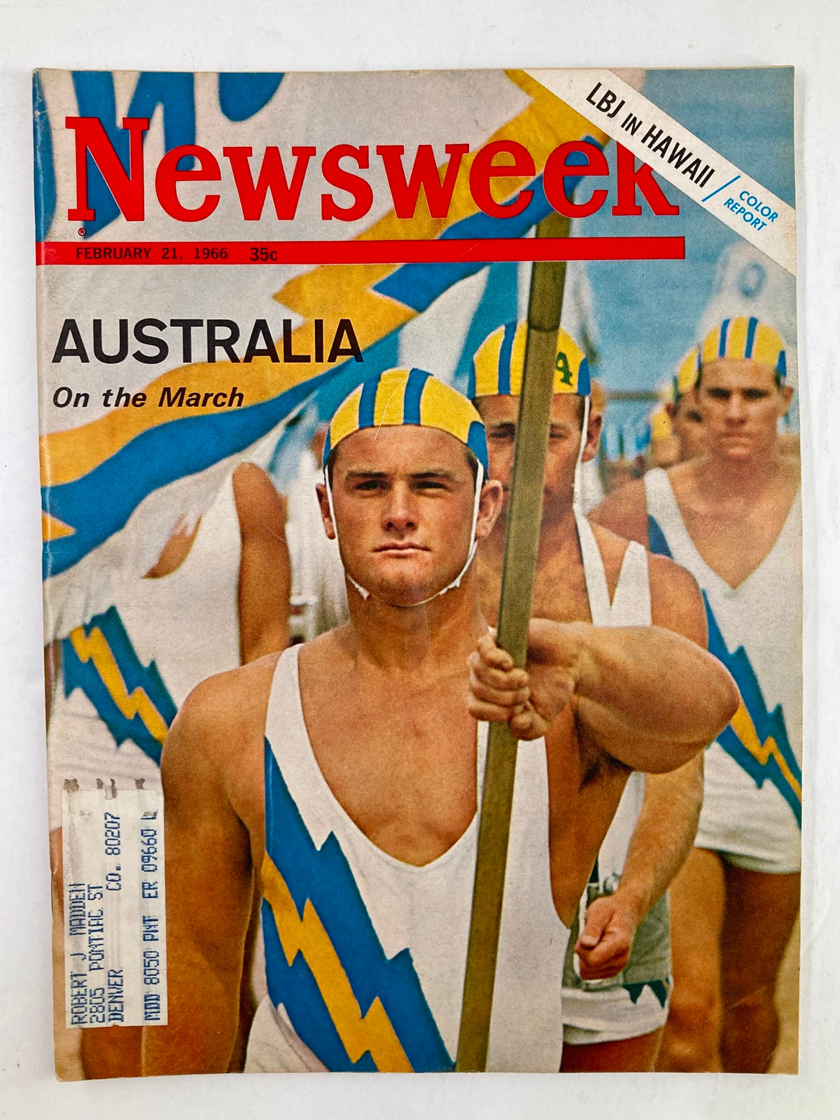 Cover of VTG Newsweek Magazine from February 21, 1966 featuring Lyndon B. Johnson in Hawaii and an article about Australia with a vibrant photo of male athletes in swimwear.