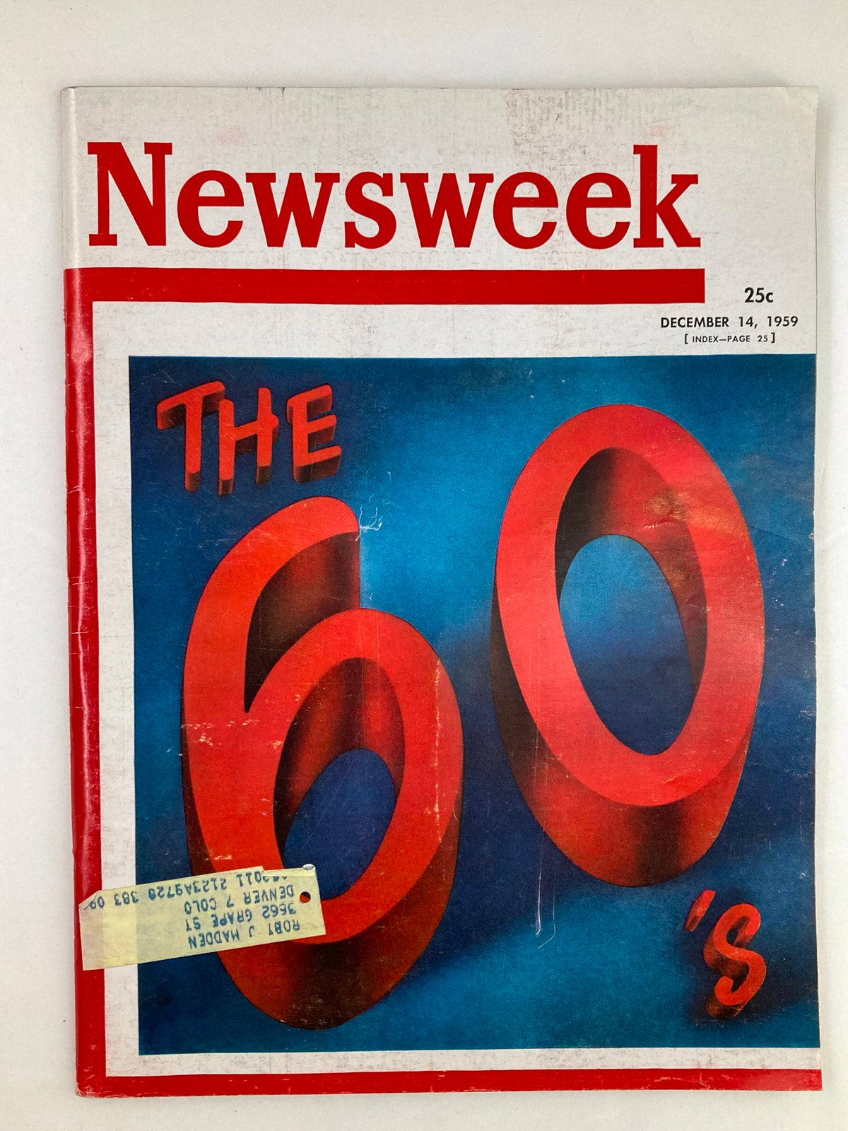 VTG Newsweek Magazine from December 14, 1959, featuring a bold cover design with the title 'The 60's'. The magazine showcases vibrant colors and graphics, reflecting the cultural insights of the upcoming decade.