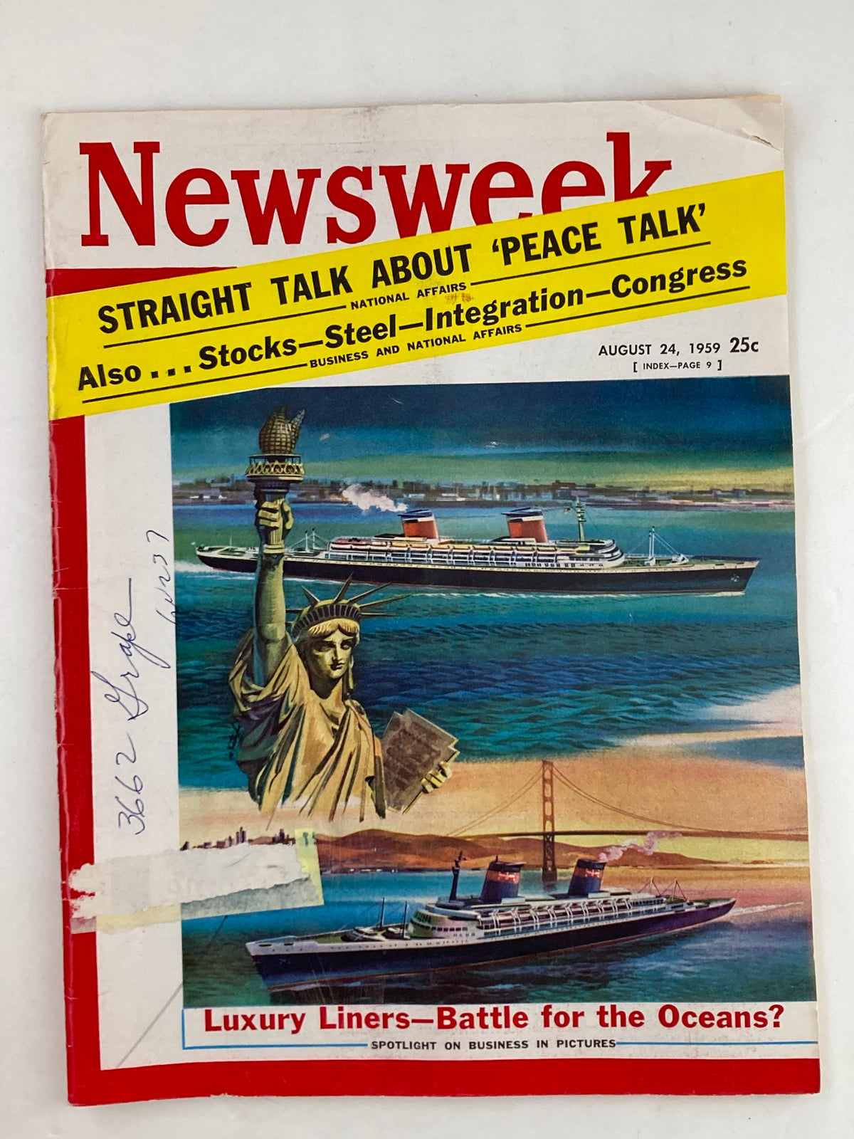 Cover of VTG Newsweek Magazine August 24 1959 featuring the title 'Luxury Liners Battle for the Oceans' with illustrations of ocean liners and the Statue of Liberty.