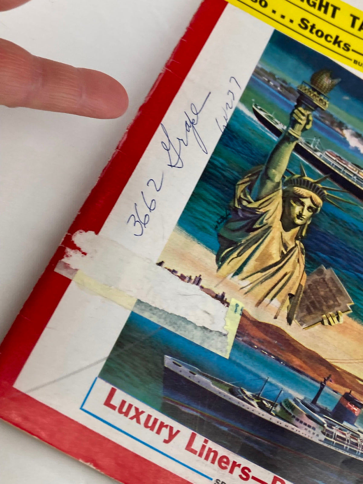 Detail of the spine of VTG Newsweek Magazine August 24 1959 displaying the signature, '3662 Grape' and notable graphics related to luxury liners.