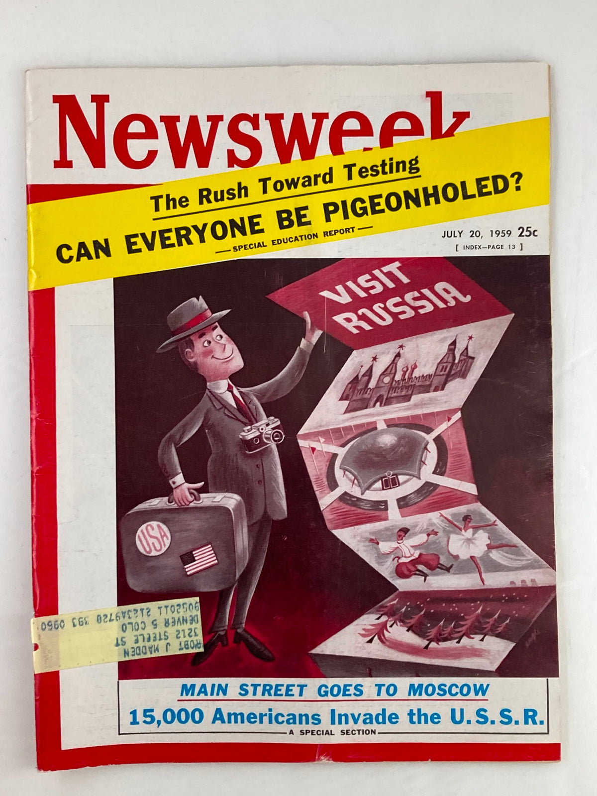 Cover of VTG Newsweek Magazine from July 20, 1959, titled 'The Rush Toward Testing.' The image features an illustrated man in a suit holding a camera and suitcase, promoting travel to Russia, with bold headlines about education and international affairs.