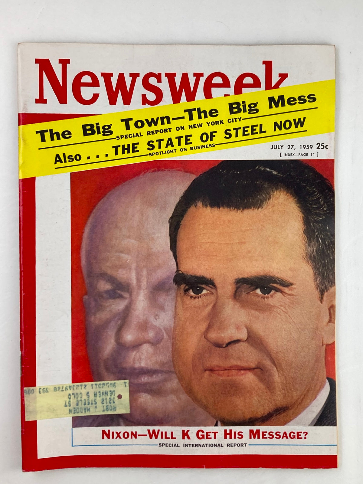VTG Newsweek Magazine from July 27, 1959 featuring Richard Nixon on the cover with the headline 'Will K Get His Message?' and an illustration of a political figure in the background, showcasing vintage news and political commentary.