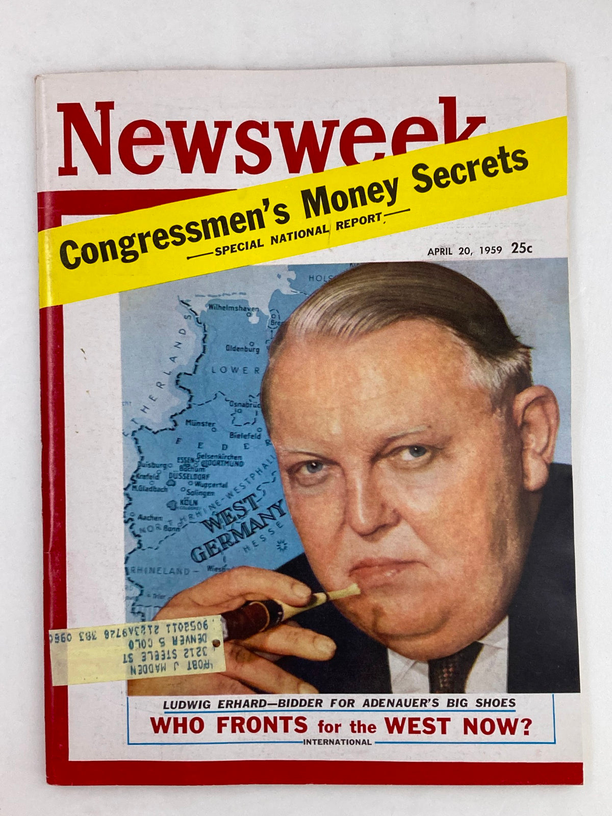 VTG Newsweek Magazine April 20 1959 featuring Ludwig Erhard on the cover, discussing his role as a potential successor to Adenauer during a pivotal moment in German politics, with a background map of West Germany.