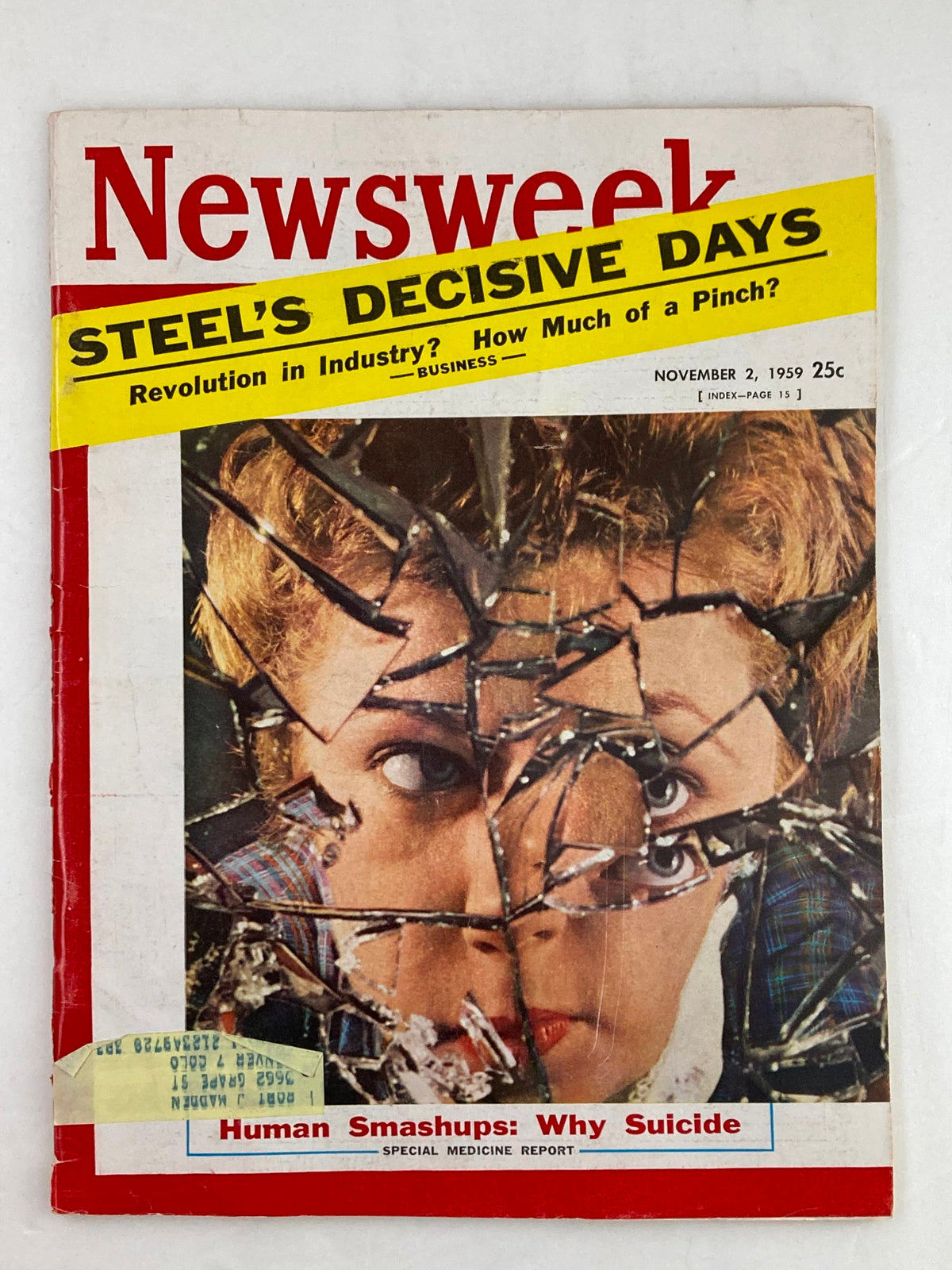 Vintage Newsweek magazine cover from November 2, 1959, featuring the title 'Human Smashups: Why Suicide' with an image of a woman reflecting in broken glass and a bold headline about steel's decisive days.