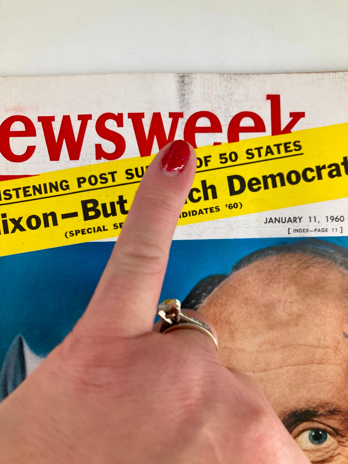 Close-up of the vintage Newsweek Magazine cover from January 11, 1960 with The Lively 'Ghost' Adlai Stevenson, highlighting the magazine title and special survey feature.