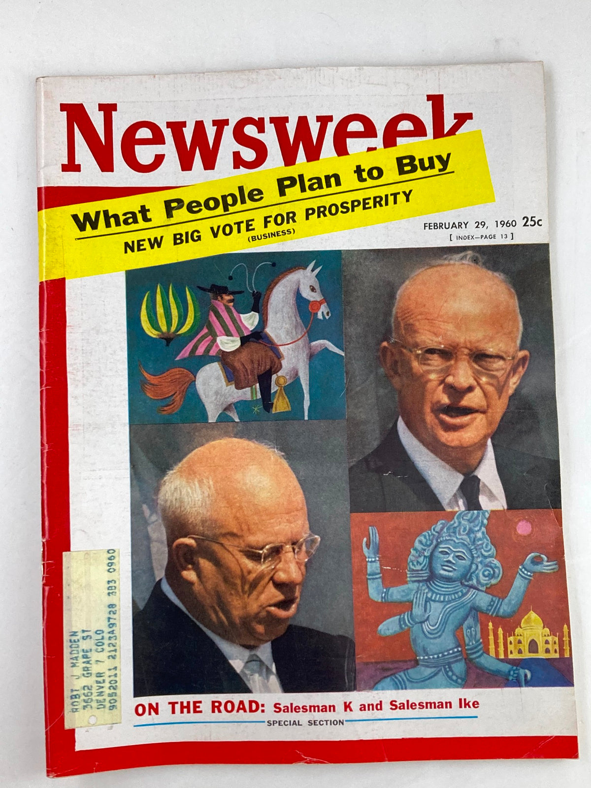 VTG Newsweek Magazine February 29 1960 featuring iconic leaders Nikita Khrushchev and Dwight Eisenhower on the cover, showcasing Cold War themes and historic imagery.