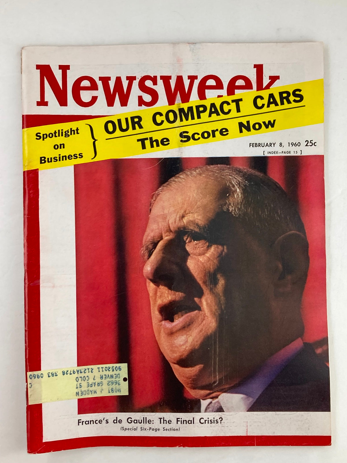 VTG Newsweek Magazine February 8 1960 cover featuring Charles de Gaulle with a headline about the political crisis in France. The magazine showcases its vintage appeal and is in good condition.