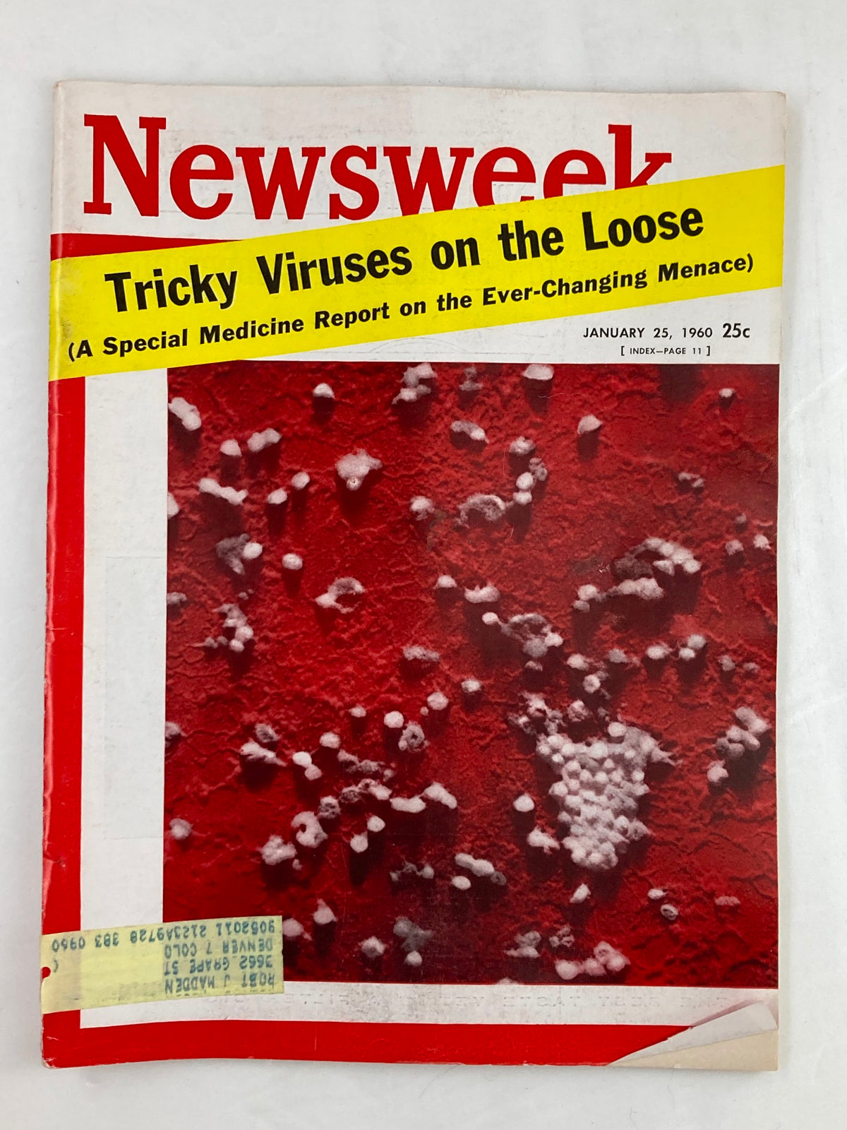 VTG Newsweek Magazine January 25 1960 featuring the cover story 'Tricky Viruses on the Loose', showcasing a striking red and white design with detailed images of viruses, perfect for collectors and history enthusiasts.