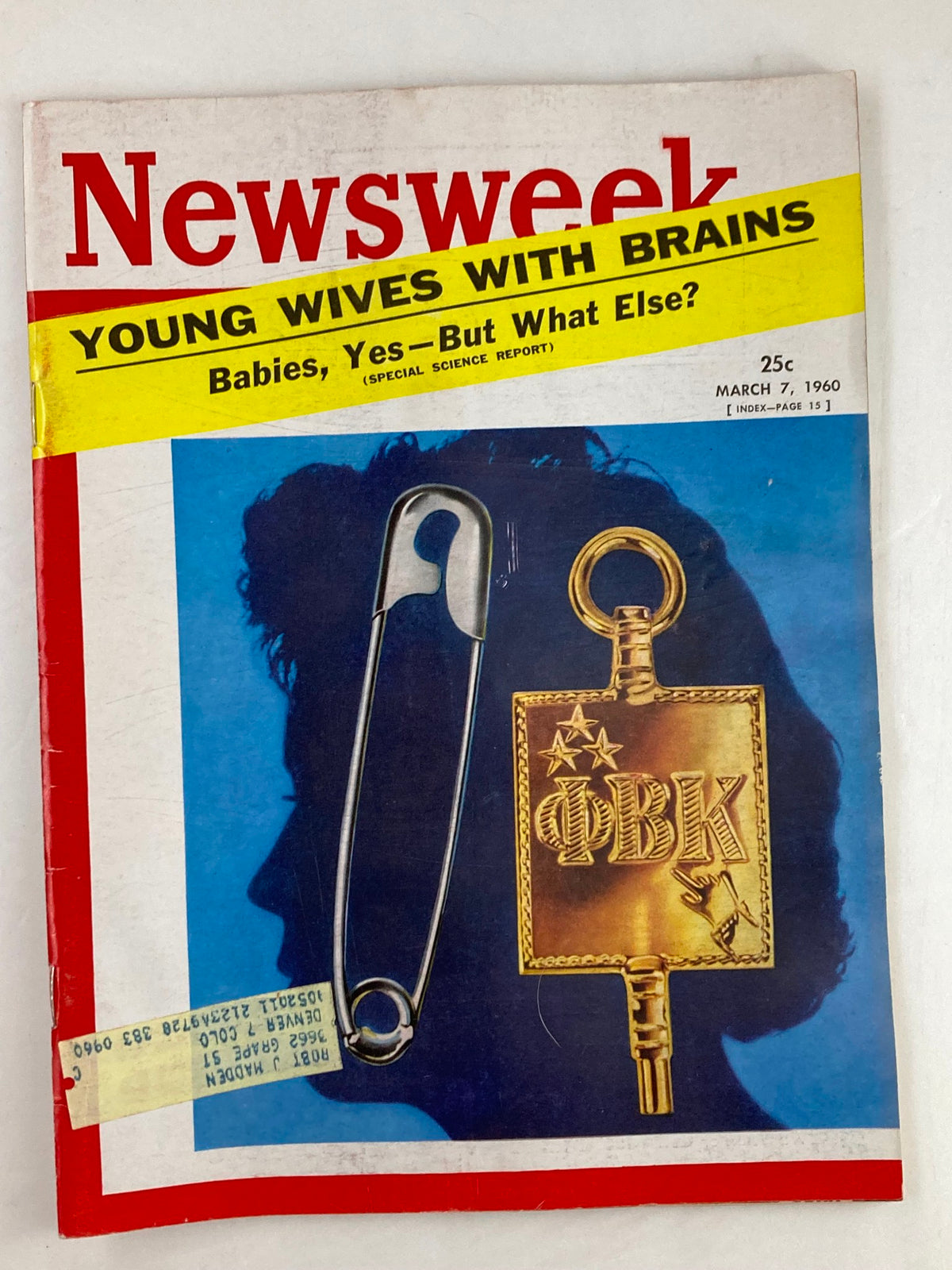 VTG Newsweek Magazine from March 7, 1960 featuring the cover story 'Young Wives with Brains'. The magazine cover displays a silhouette and illustrations of a safety pin and key, highlighting themes of women's education and societal roles.
