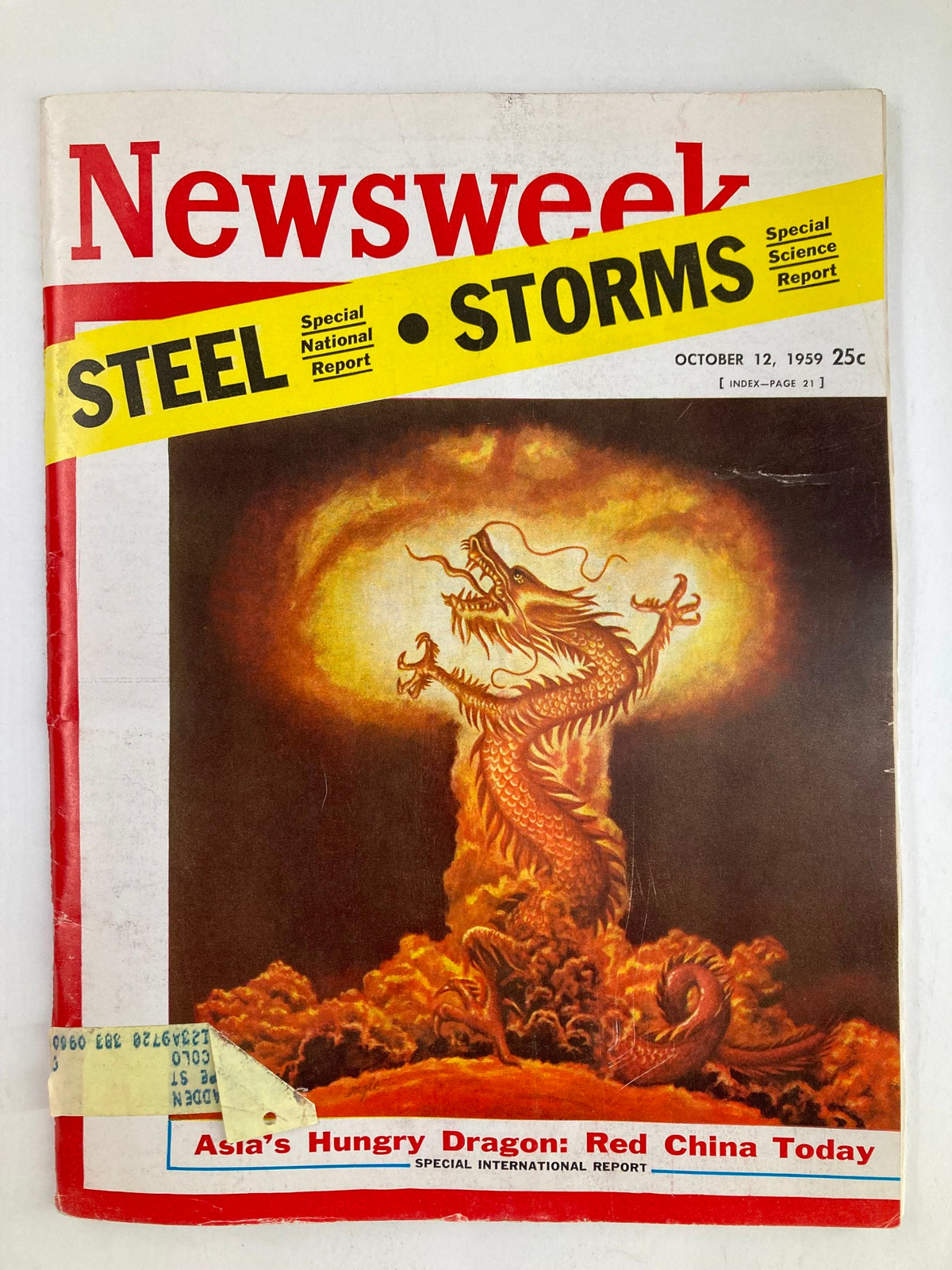 VTG Newsweek Magazine cover from October 12, 1959, featuring a dramatic illustration titled 'Asia's Hungry Dragon: Red China Today', highlighting the political climate in China during the late 1950s.