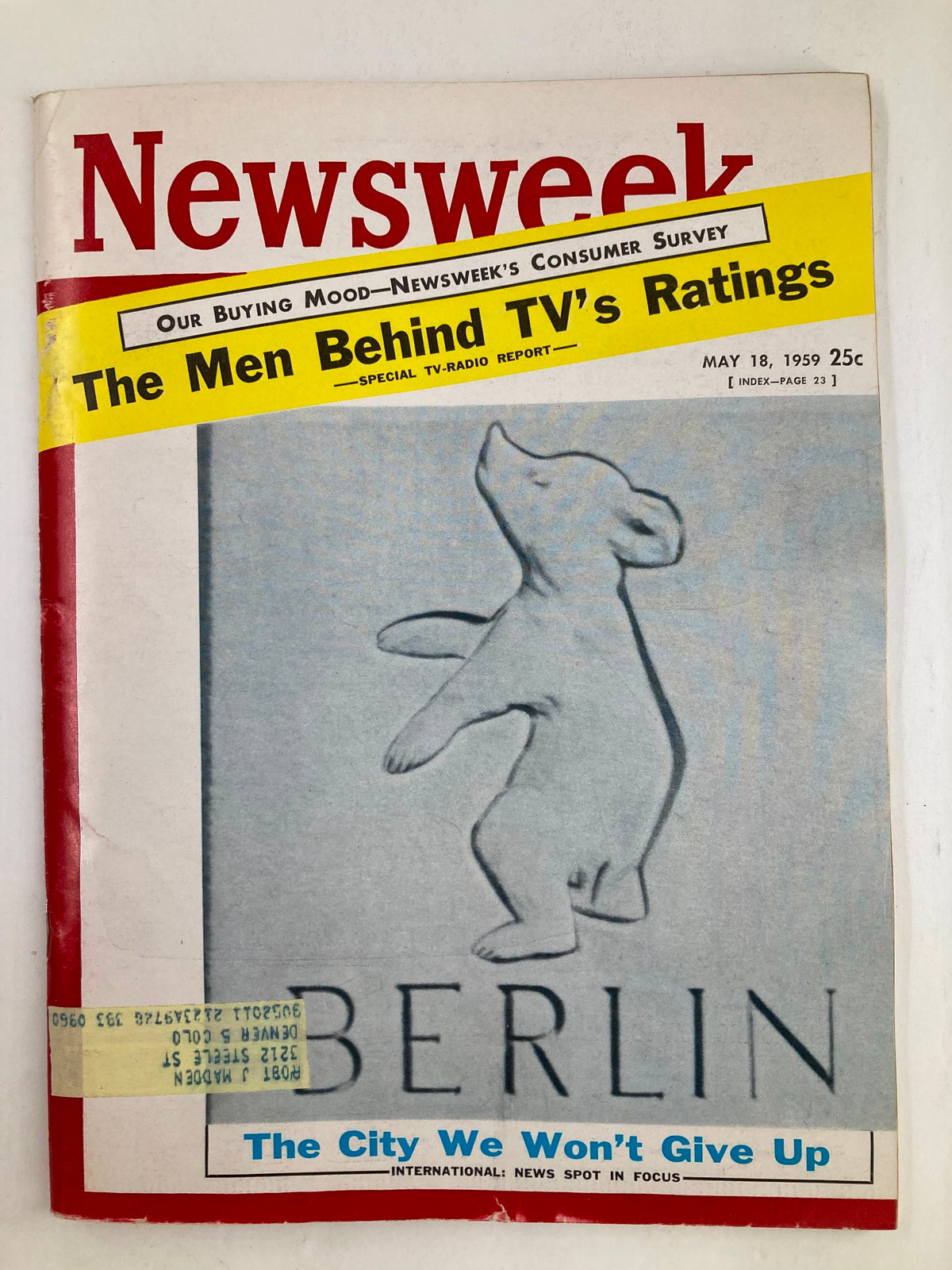 Cover of VTG Newsweek Magazine from May 18, 1959, featuring the title 'Berlin: The City We Won't Give Up' along with a special report on TV ratings.