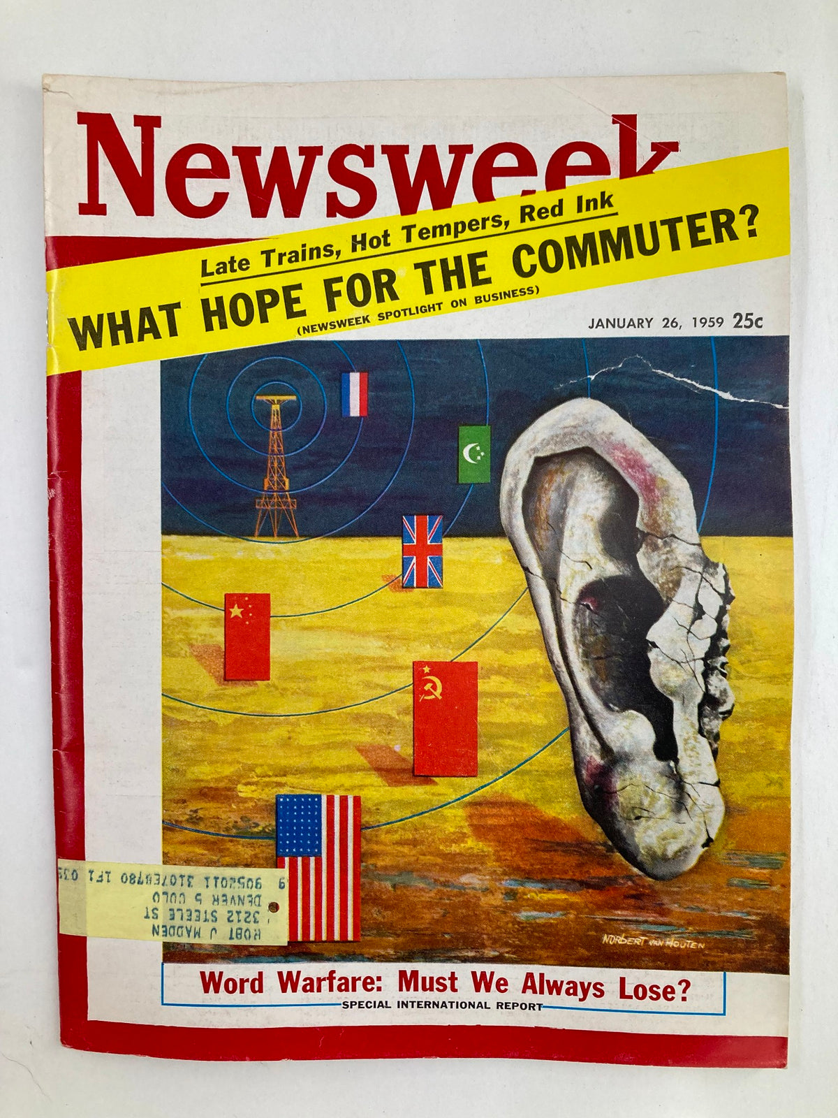 Vintage Newsweek Magazine cover from January 26, 1959, titled 'World Warfare: Must We Always Lose?', featuring illustrations of flags from various countries and a prominent skull image, highlighting themes of military strategy and geopolitics.