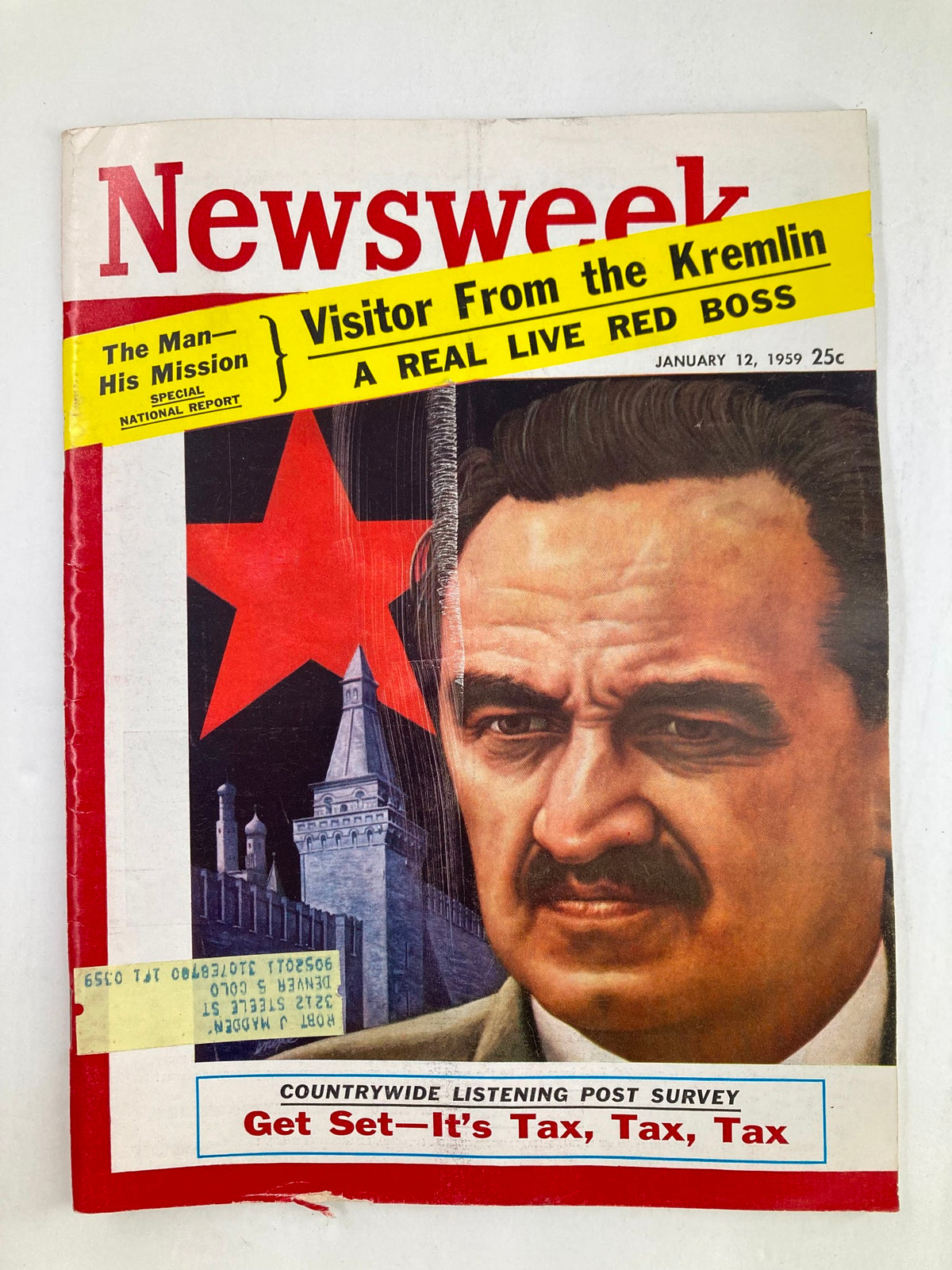 VTG Newsweek Magazine from January 12, 1959, featuring the cover story 'Visitor From the Kremlin: Real Red Boss' with a striking image of a serious man against a red star background.
