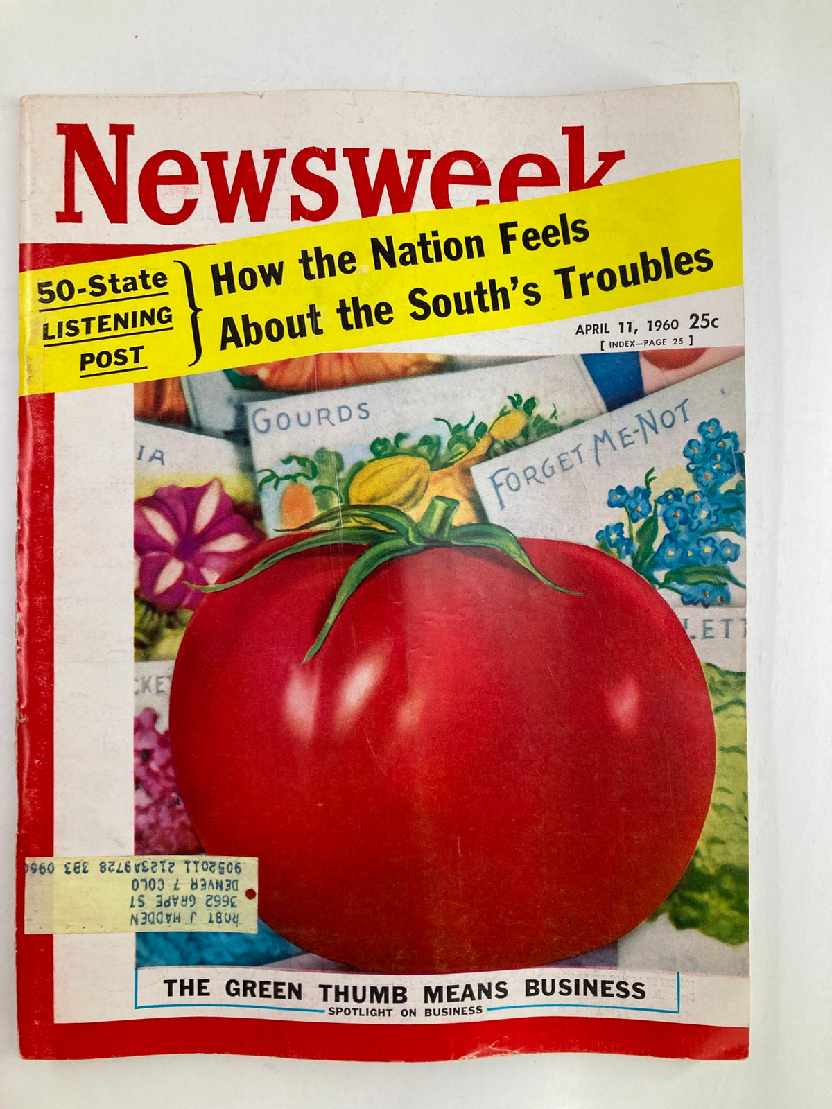 VTG Newsweek Magazine April 11 1960 featuring a vibrant tomato on the cover, highlighting the cover story 'The Green Thumb Means Business.'