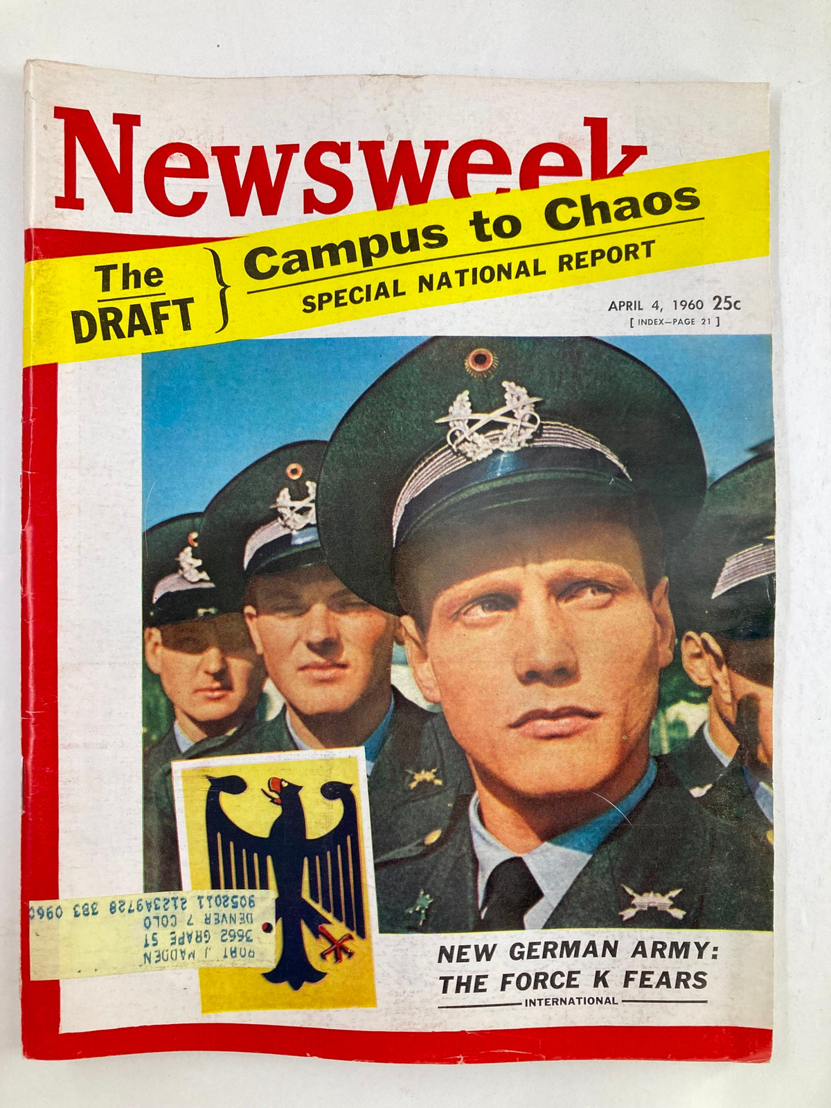 VTG Newsweek Magazine cover from April 4, 1960, featuring the title 'New German Army: The Force K Fears,' showcasing military personnel and historical context.