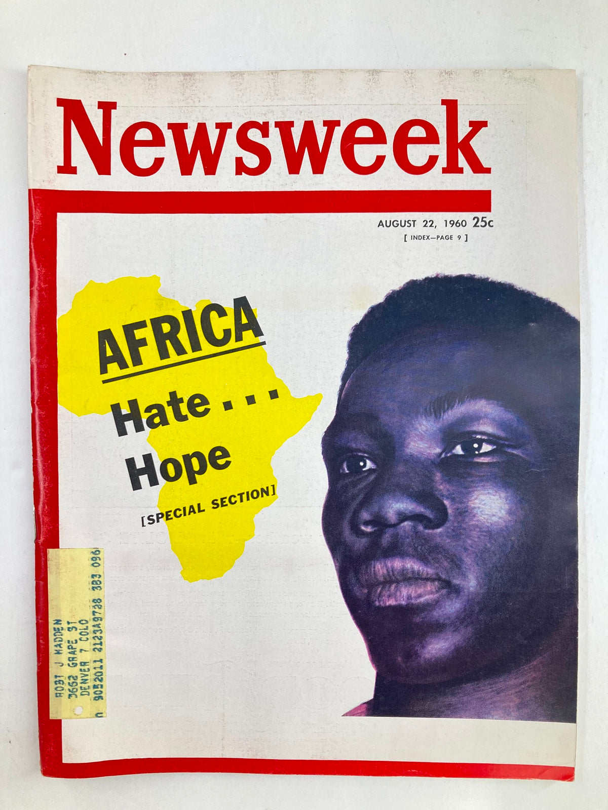 Cover of vintage Newsweek Magazine from August 22, 1960, featuring the title 'Africa: Hate and Hope' alongside a striking illustration of a young man's face, symbolizing the themes of hope and challenge in Africa during the era.