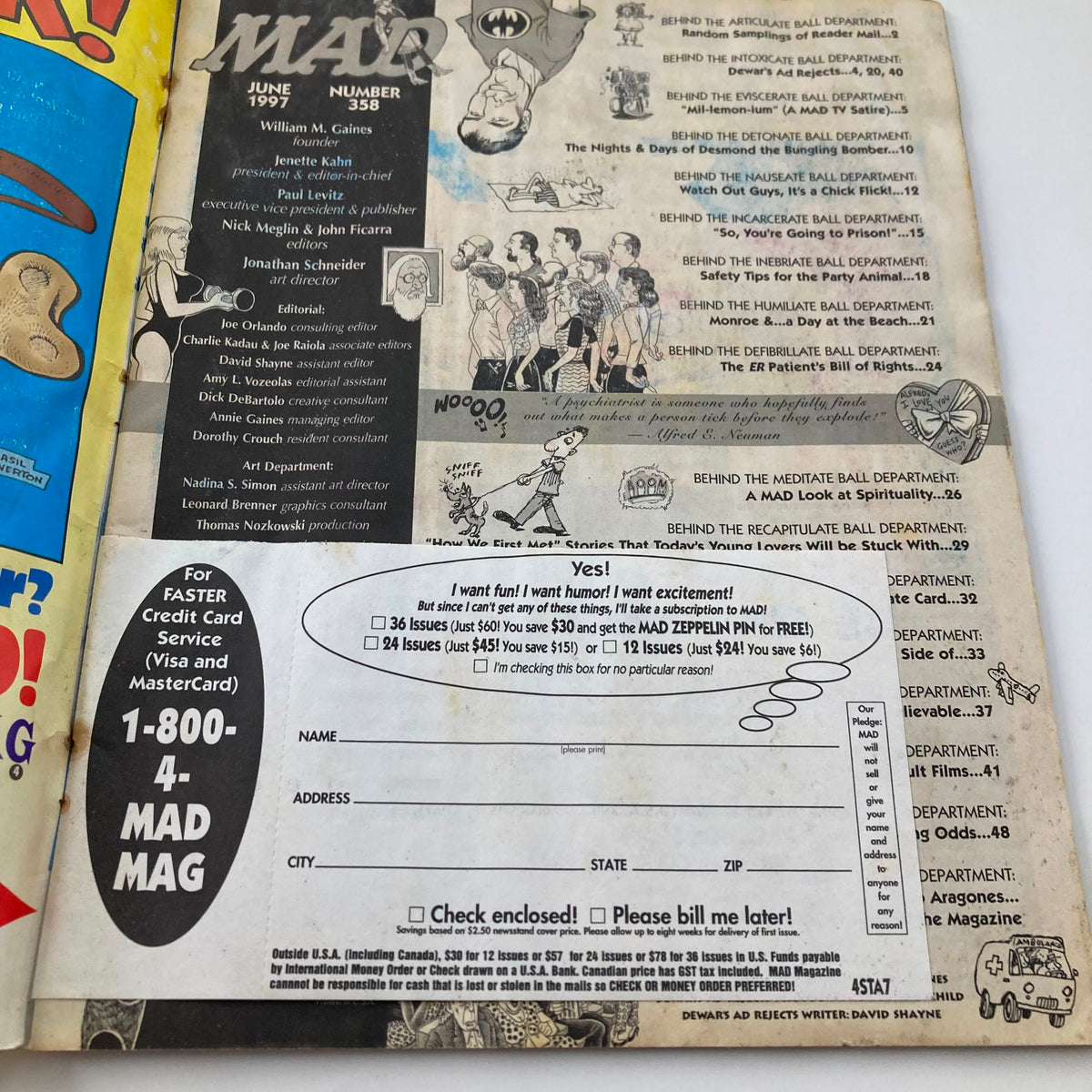 Interior page of Mad Magazine June 1997 #358 showcasing editorial credits and subscription information, reflecting the magazine's humorous style.