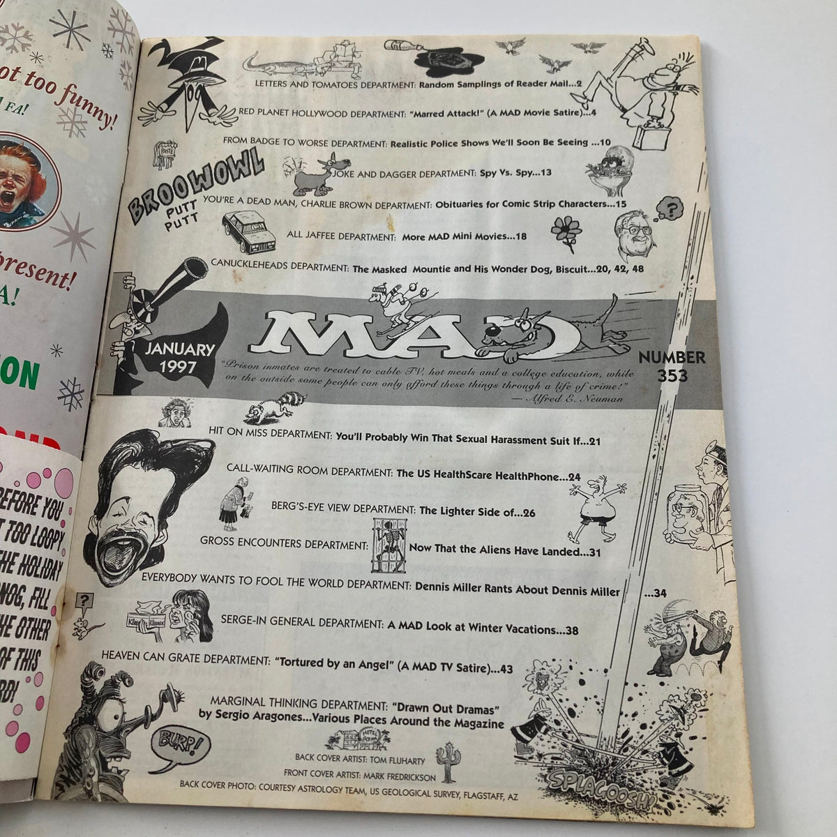Inside page of Mad Magazine January 1997 #353 displaying table of contents with various departments and humorous illustrations, showcasing the magazine's satirical style.