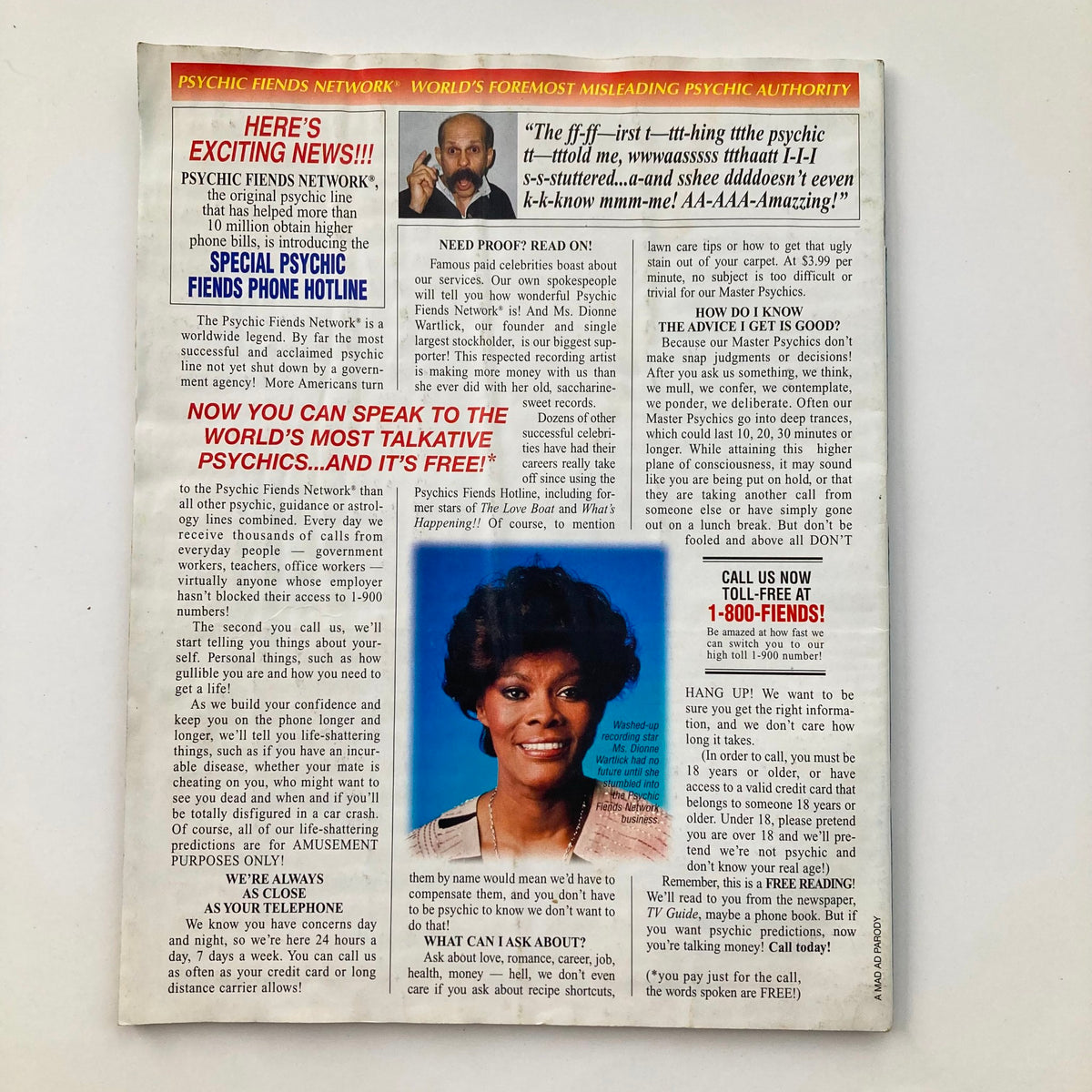 Back interior page of Mad Magazine March 1997, issue #355, featuring an advertisement for the Psychic Fiends Network, highlighting its services.