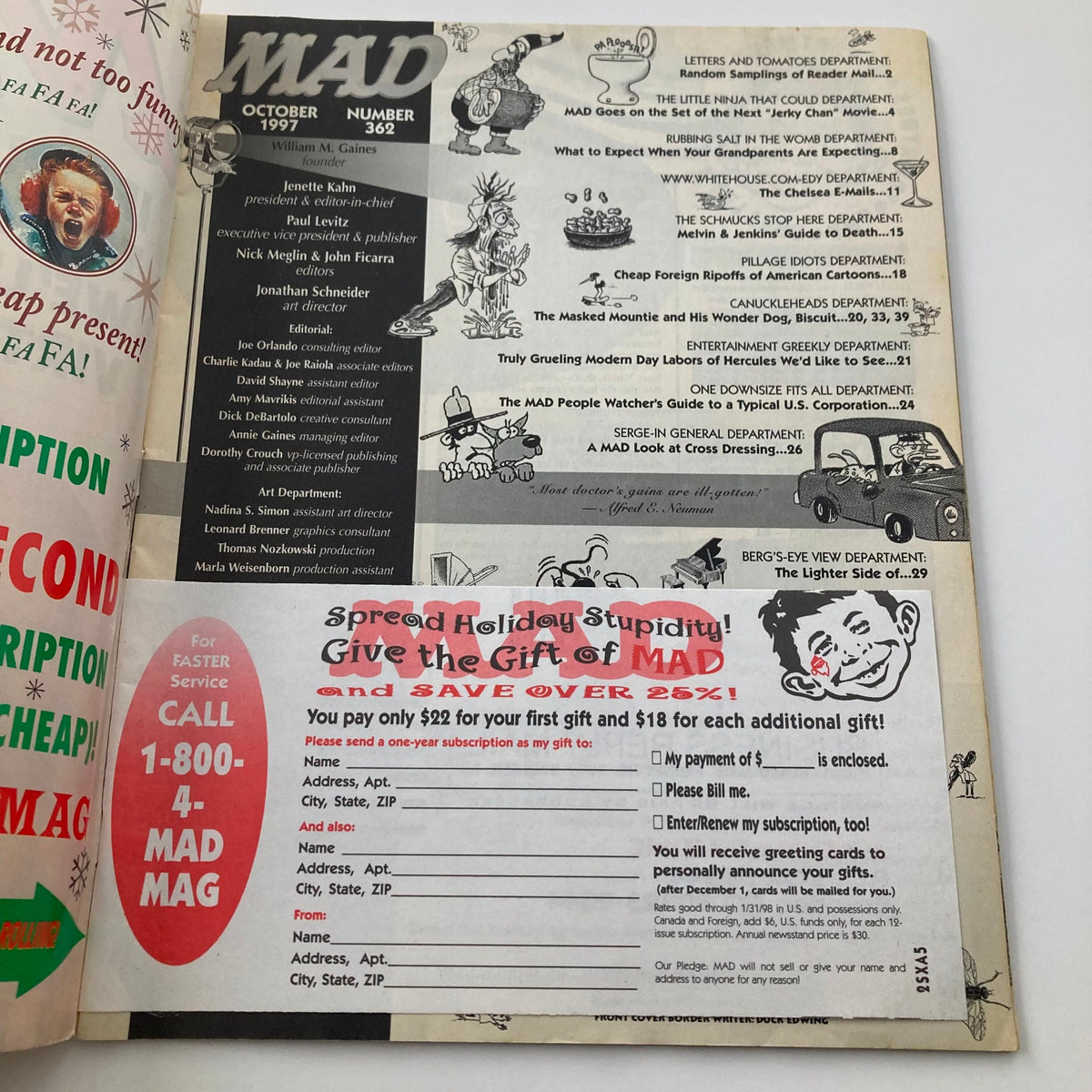 Inside page of Mad Magazine October 1997 #362 showing the table of contents with various departments and articles listed. A snapshot of the magazine’s unique blend of satire and humor from the late '90s.