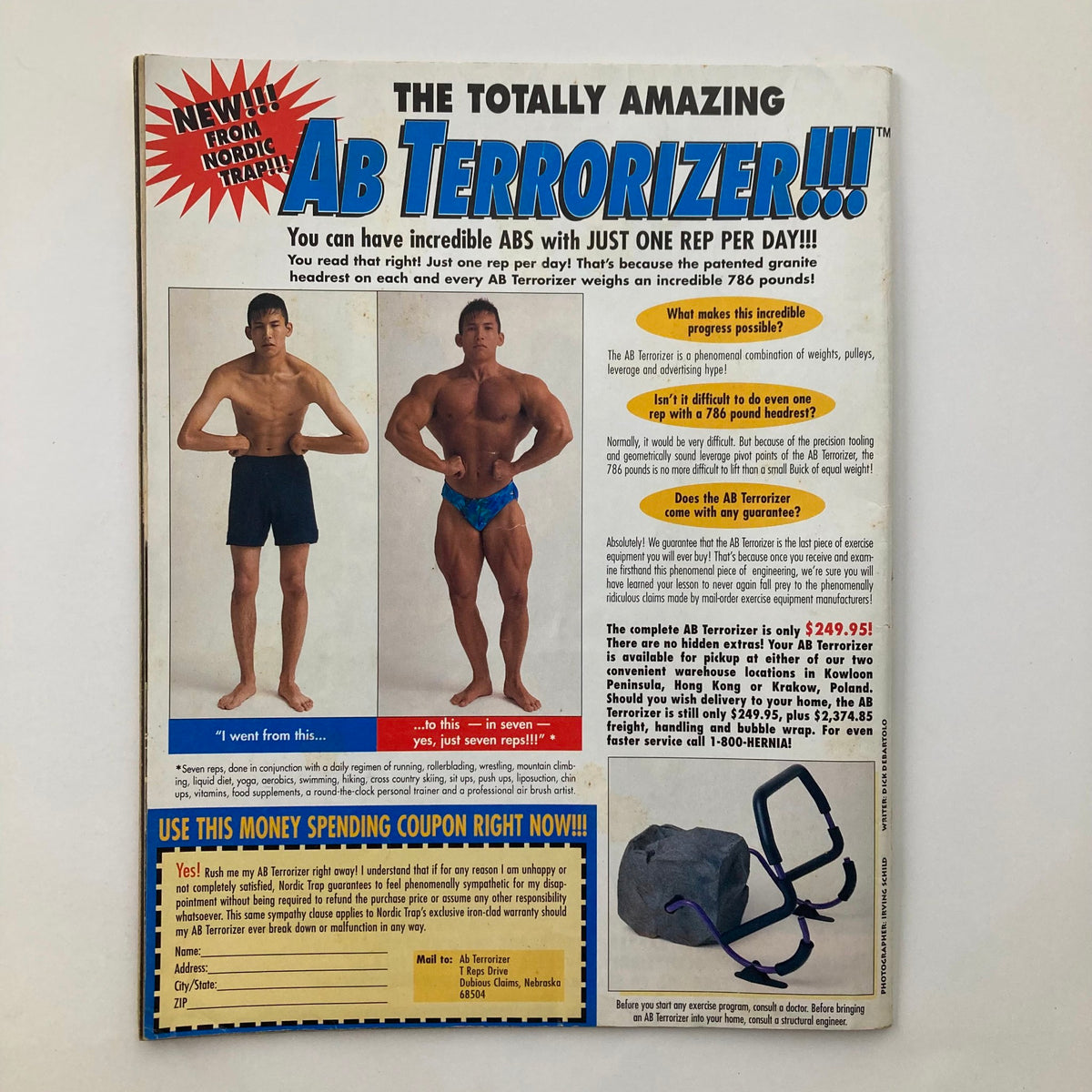 Back cover of Mad Magazine October 1997 #362 displaying an advertisement for the 'Ab Terrorizer,' a fitness product. This vintage magazine is a collector's item for nostalgia and humor enthusiasts.