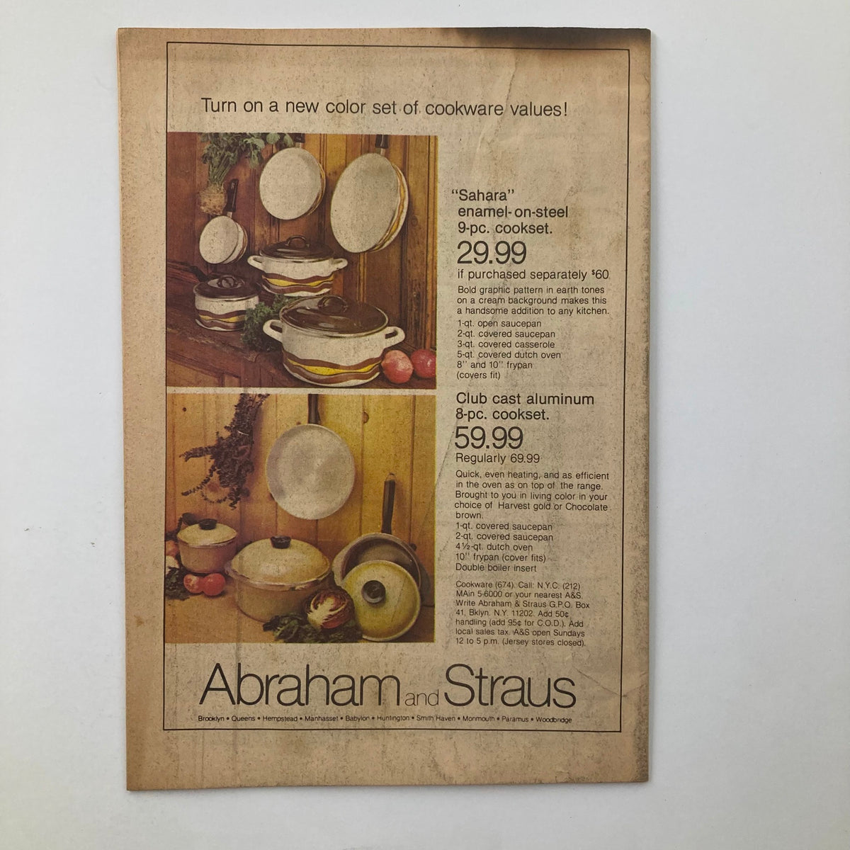 Advertisement in Daily News TV Week Magazine February 18 1979 for cookware from Abraham and Straus featuring enamel-on-steel and aluminum cookware sets.