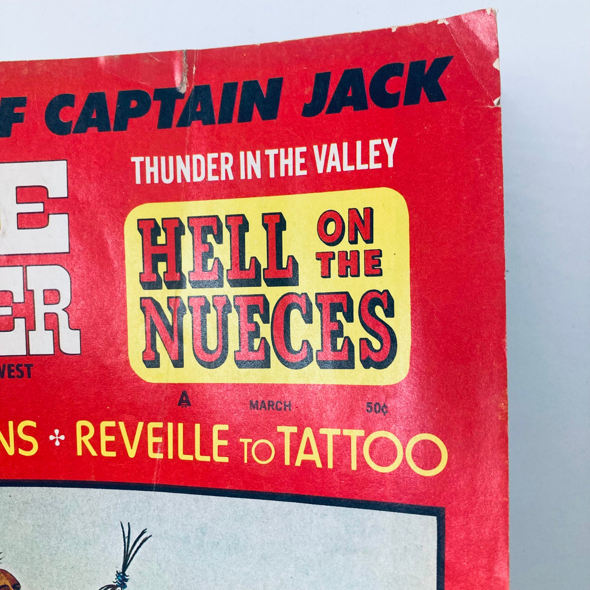 Cover of VTG True Frontier Magazine, March 1971, Vol 4 No. 2, featuring the title 'Hell on the Nueces' and 'Thunder in the Valley' articles, with vibrant red and yellow design.