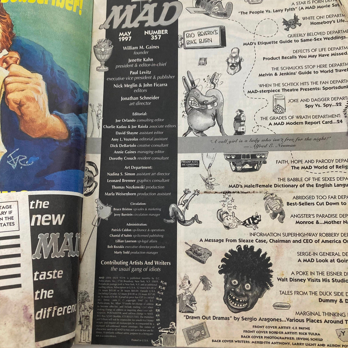 Mad Magazine May 1997 #357 interior page featuring editorial credits and contributing artists, showcasing the magazine's unique humor and satirical style.