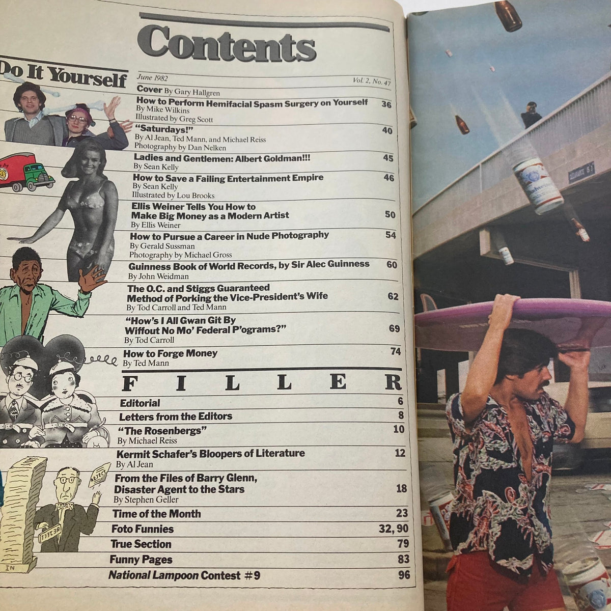 Interior content page of the Vintage National Lampoon Magazine June 1982, Vol 2 No 47 displaying a humorous list of articles and features, perfect for collectors of vintage satire.